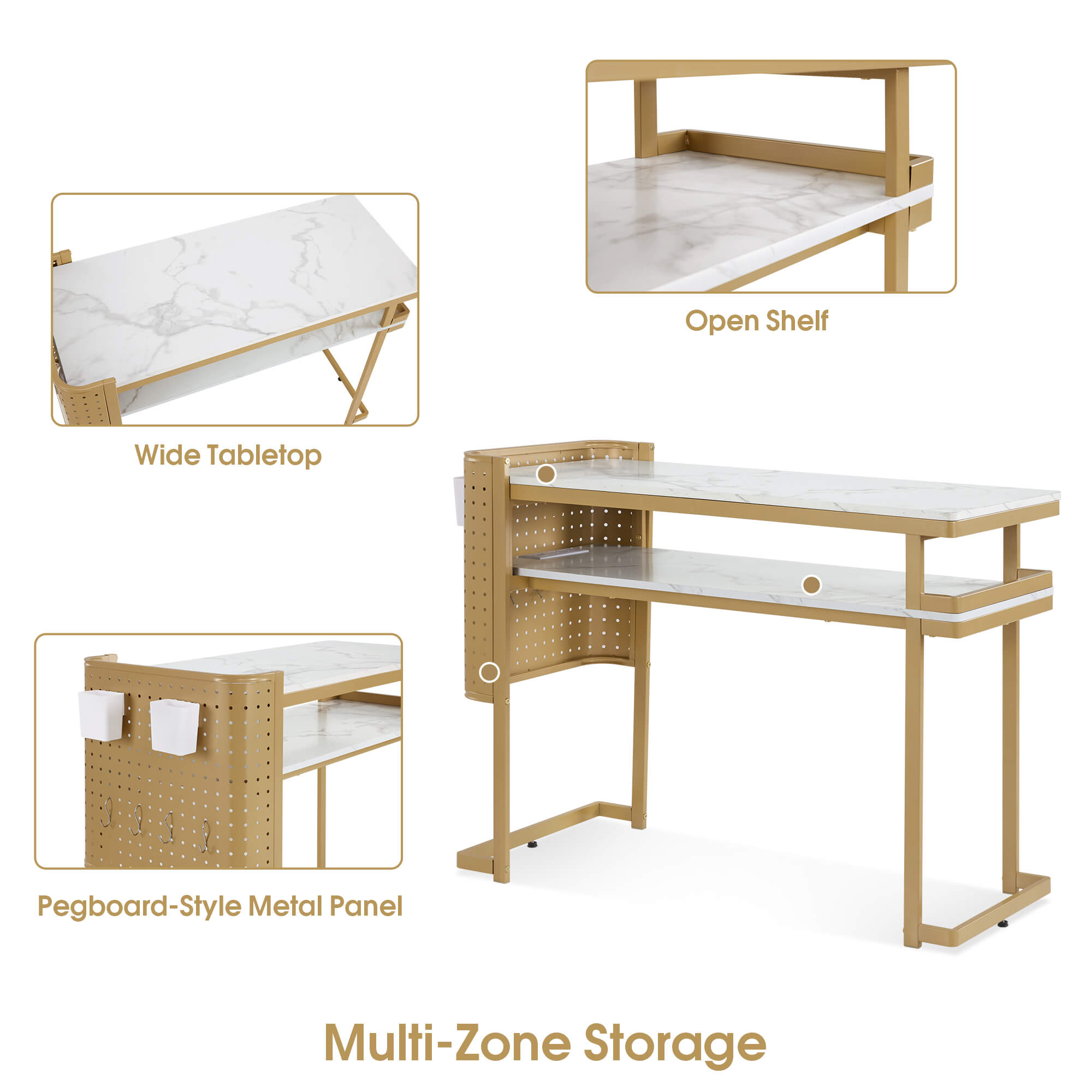 Nail Art Desk with Built-in Power Outlets & Pegboard Panel, Marbling Texture Manicure Table 2416