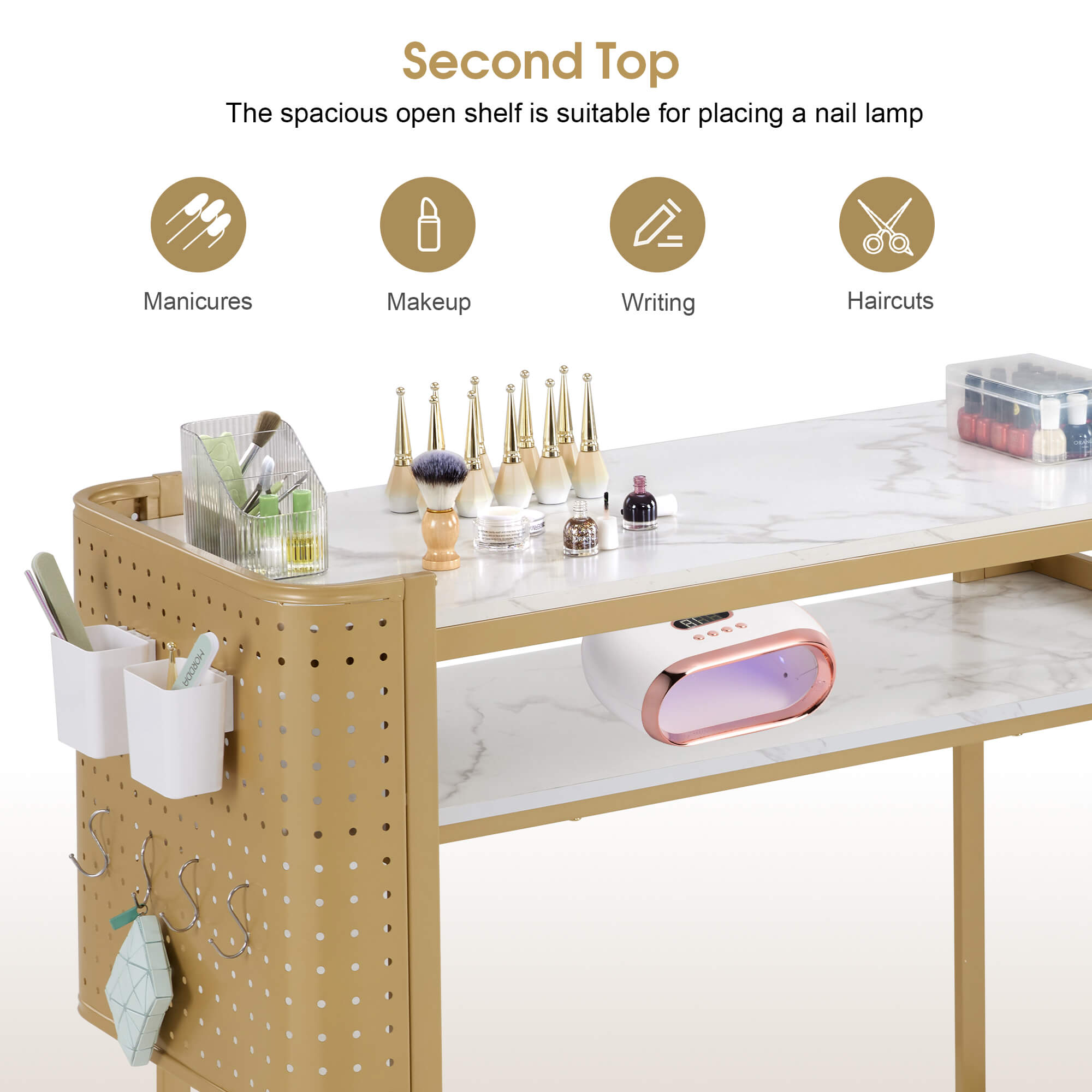 Nail Art Desk with Built-in Power Outlets & Pegboard Panel, Marbling Texture Manicure Table 2416