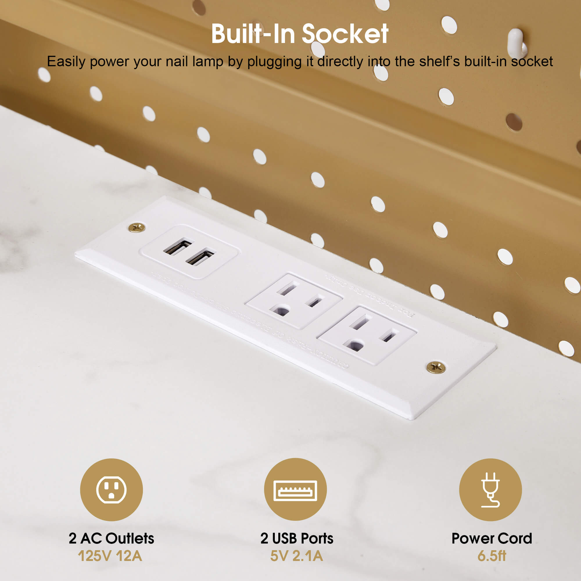 Nail Art Desk with Built-in Power Outlets & Pegboard Panel, Marbling Texture Manicure Table 2416