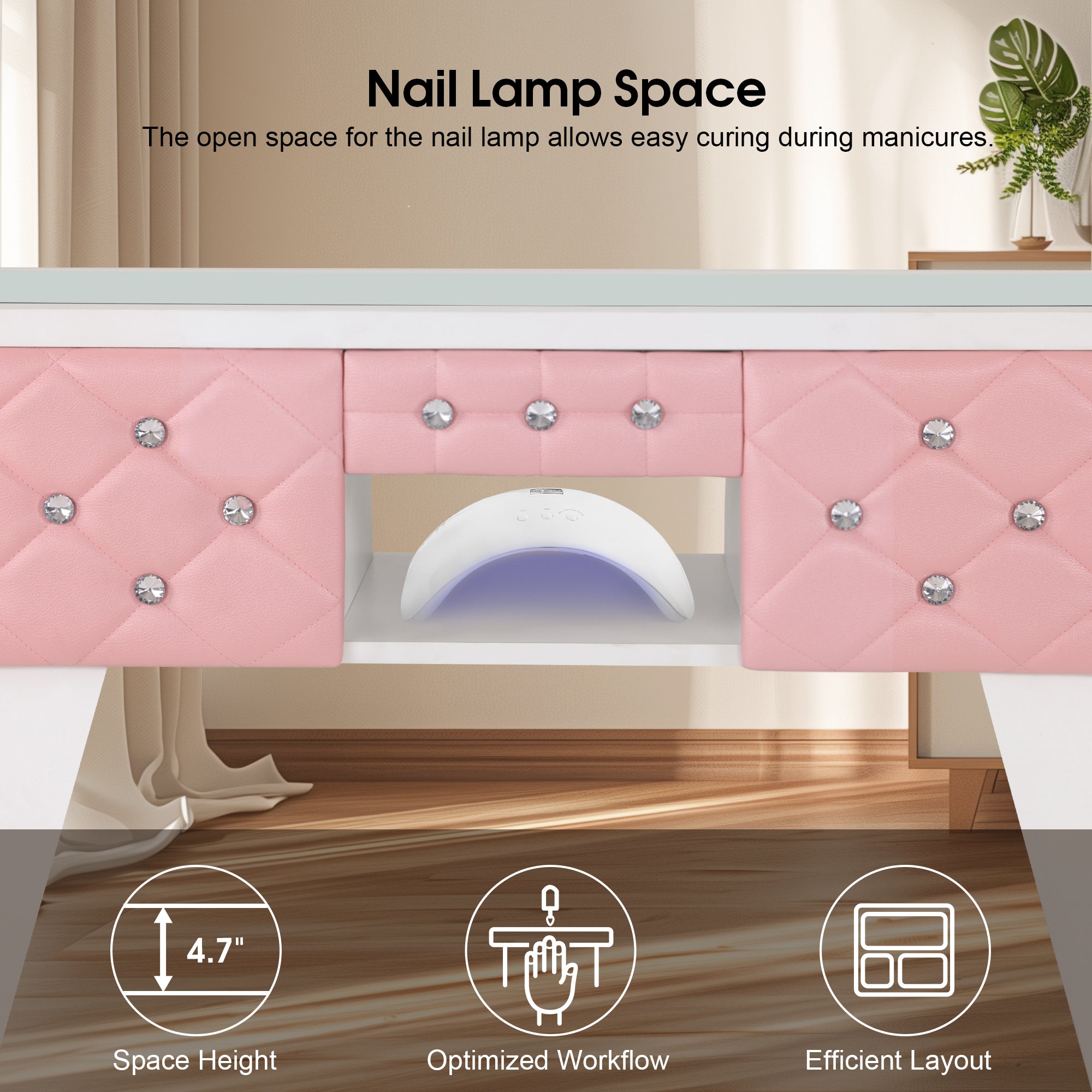 Glass-Top Nail Desk with Storage Drawer & Leather Padding, Beauty Manicure Station 2675