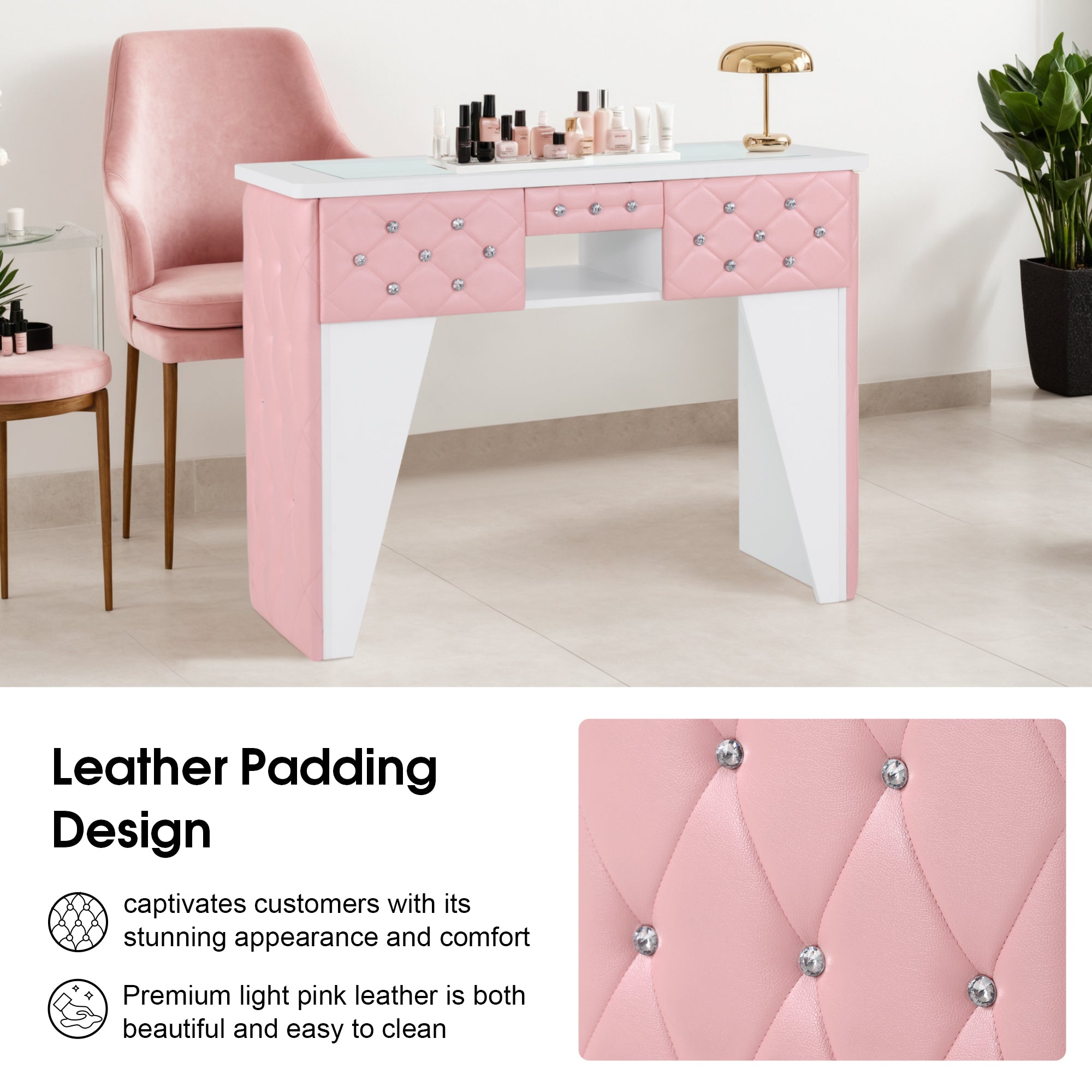 Glass-Top Nail Desk with Storage Drawer & Leather Padding, Beauty Manicure Station 2675