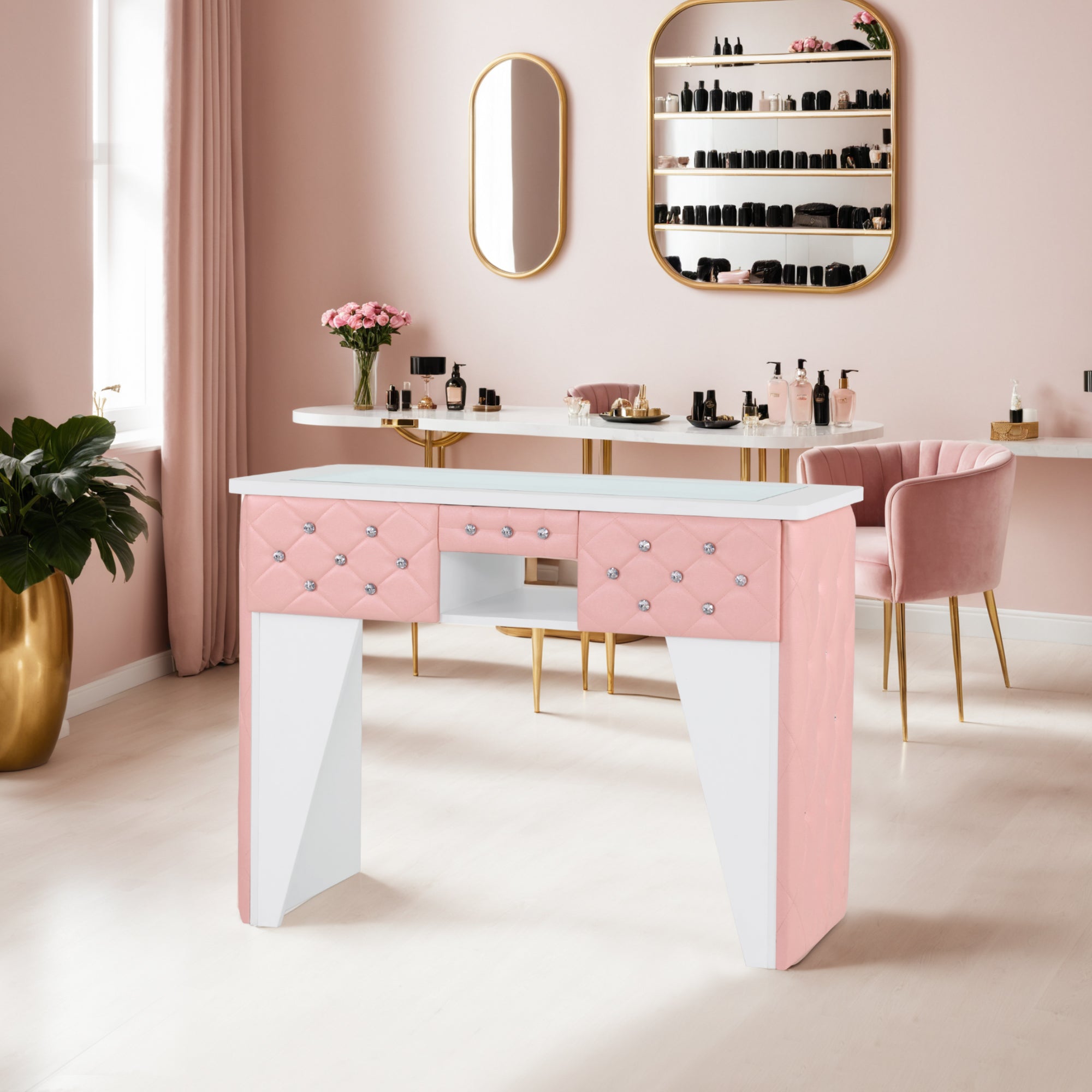 Glass-Top Nail Desk with Storage Drawer & Leather Padding, Beauty Manicure Station 2675