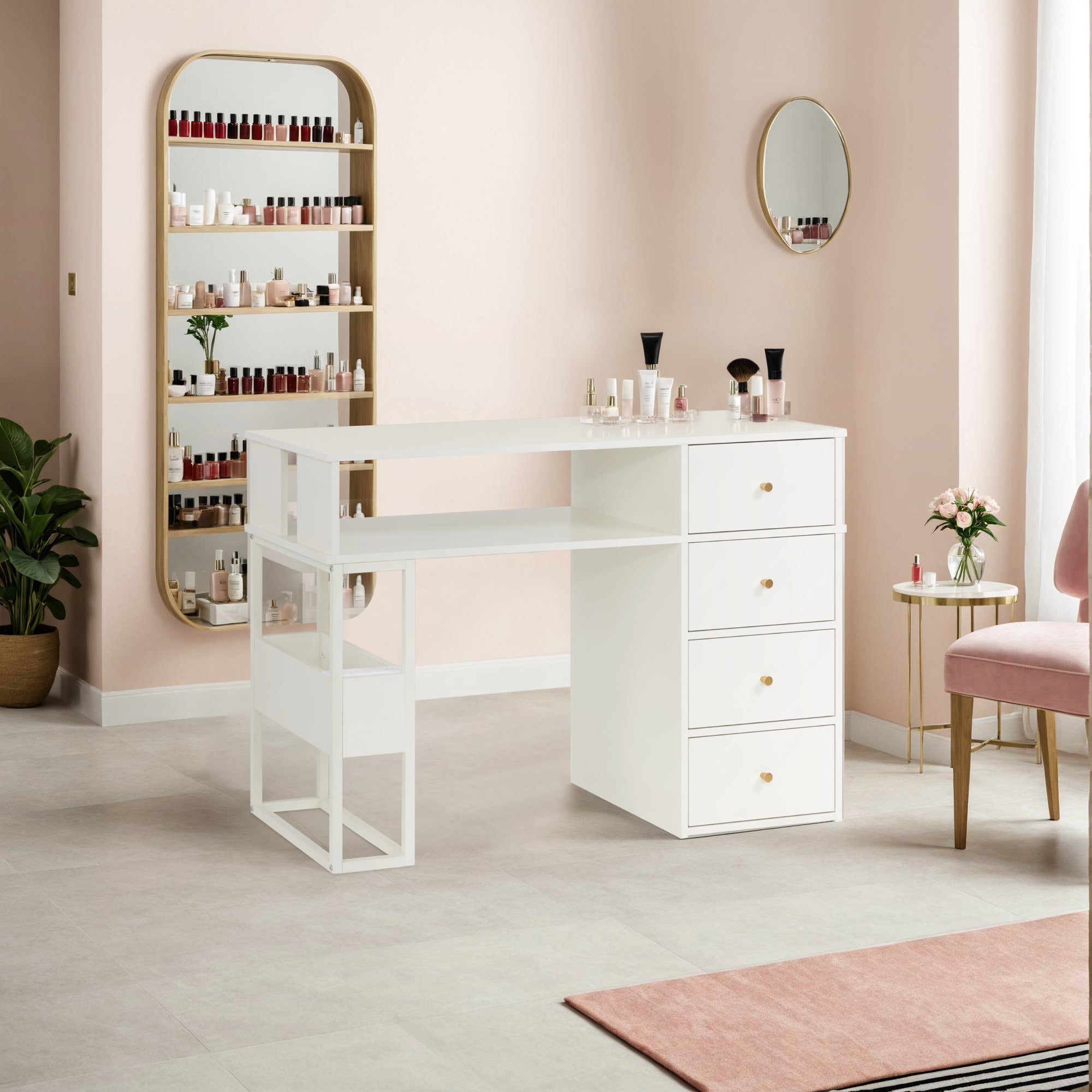 Cream White Nail Tech Desk with Built-In Storage, AC Outlets & USB Ports, Modern Manicure Equipment 2993