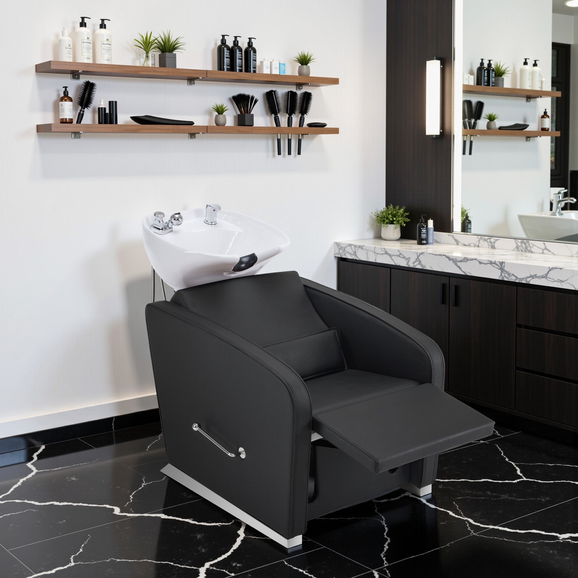 BarberPub Salon Chair 3802 & Backwash Shampoo Chair 9370 Set – Brown Hydraulic Barber Styling Chair with Ceramic Hair Wash Bowl