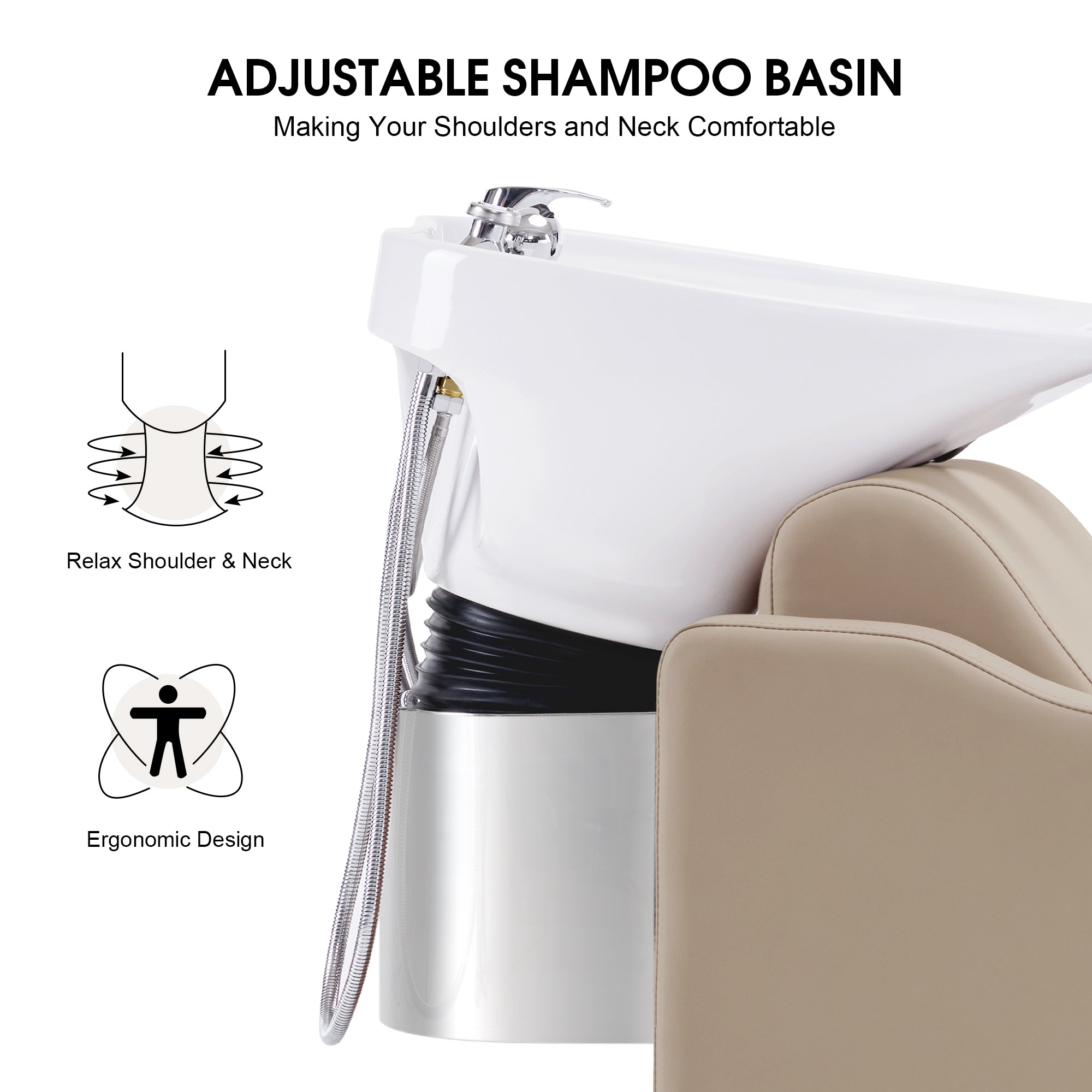 BarberPub Backwash Shampoo Station Chair, Ceramic Hair Wash Bowl for Salon 9364