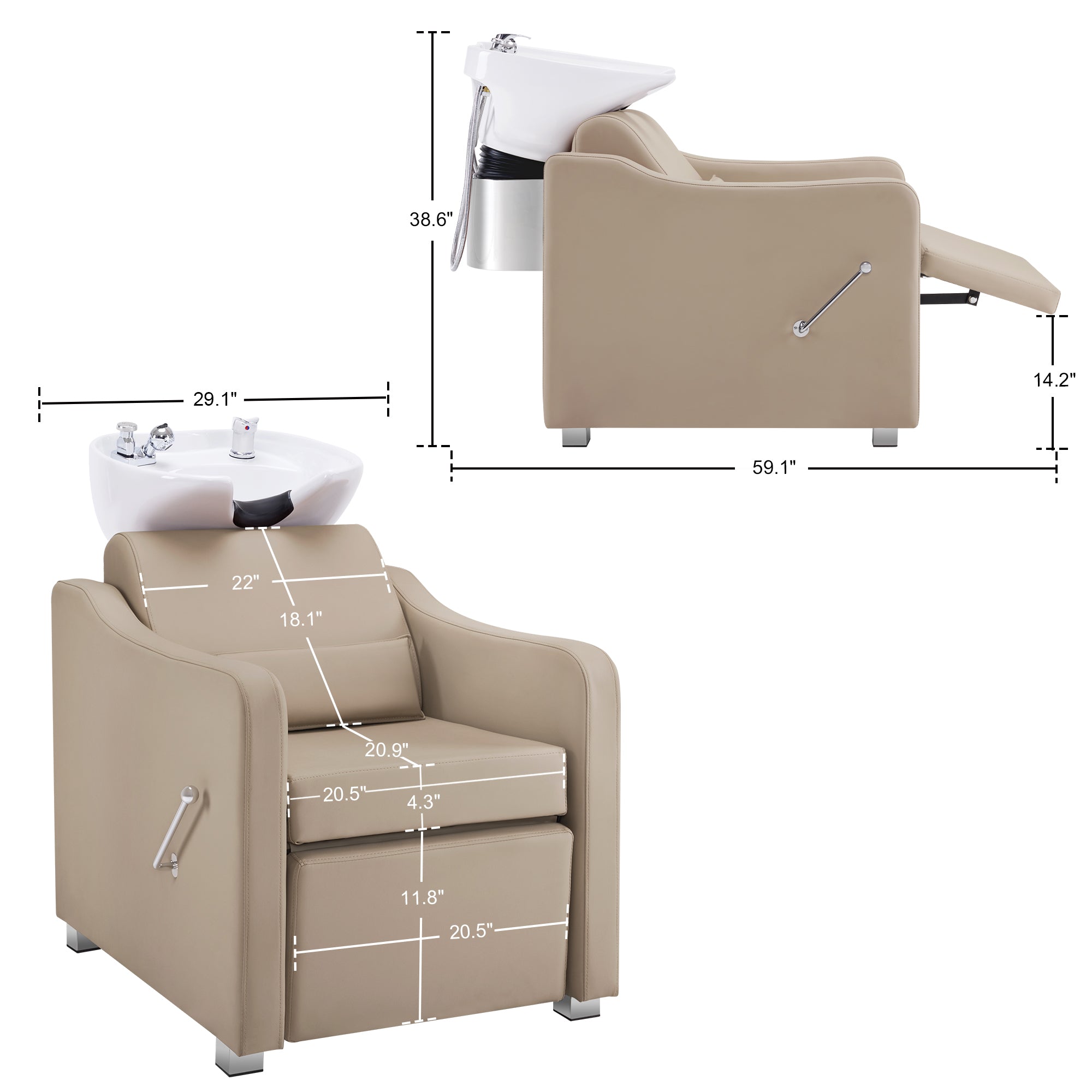 BarberPub Backwash Shampoo Station Chair, Ceramic Hair Wash Bowl for Salon 9364
