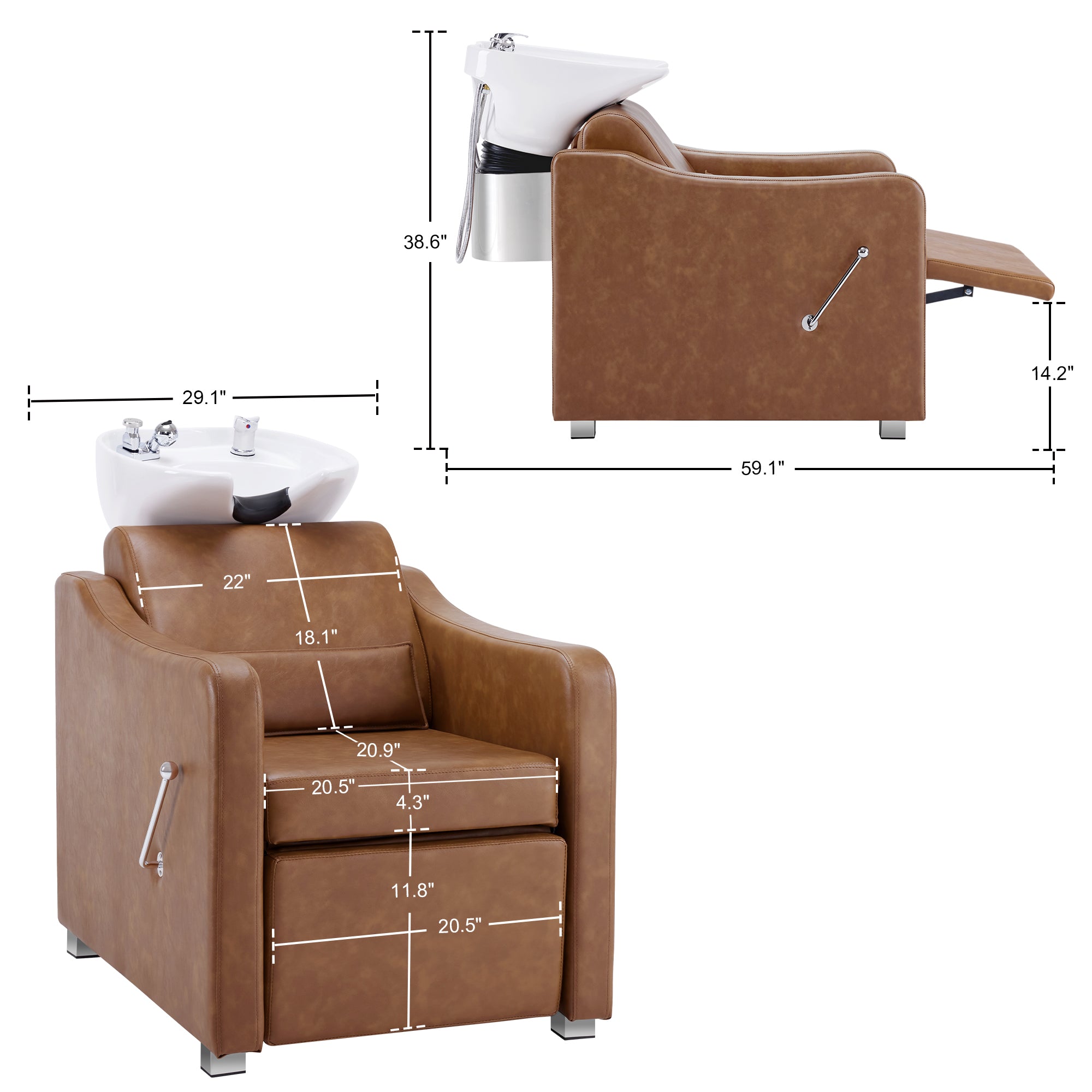 BarberPub Backwash Shampoo Station Chair, Ceramic Hair Wash Bowl for Salon 9364