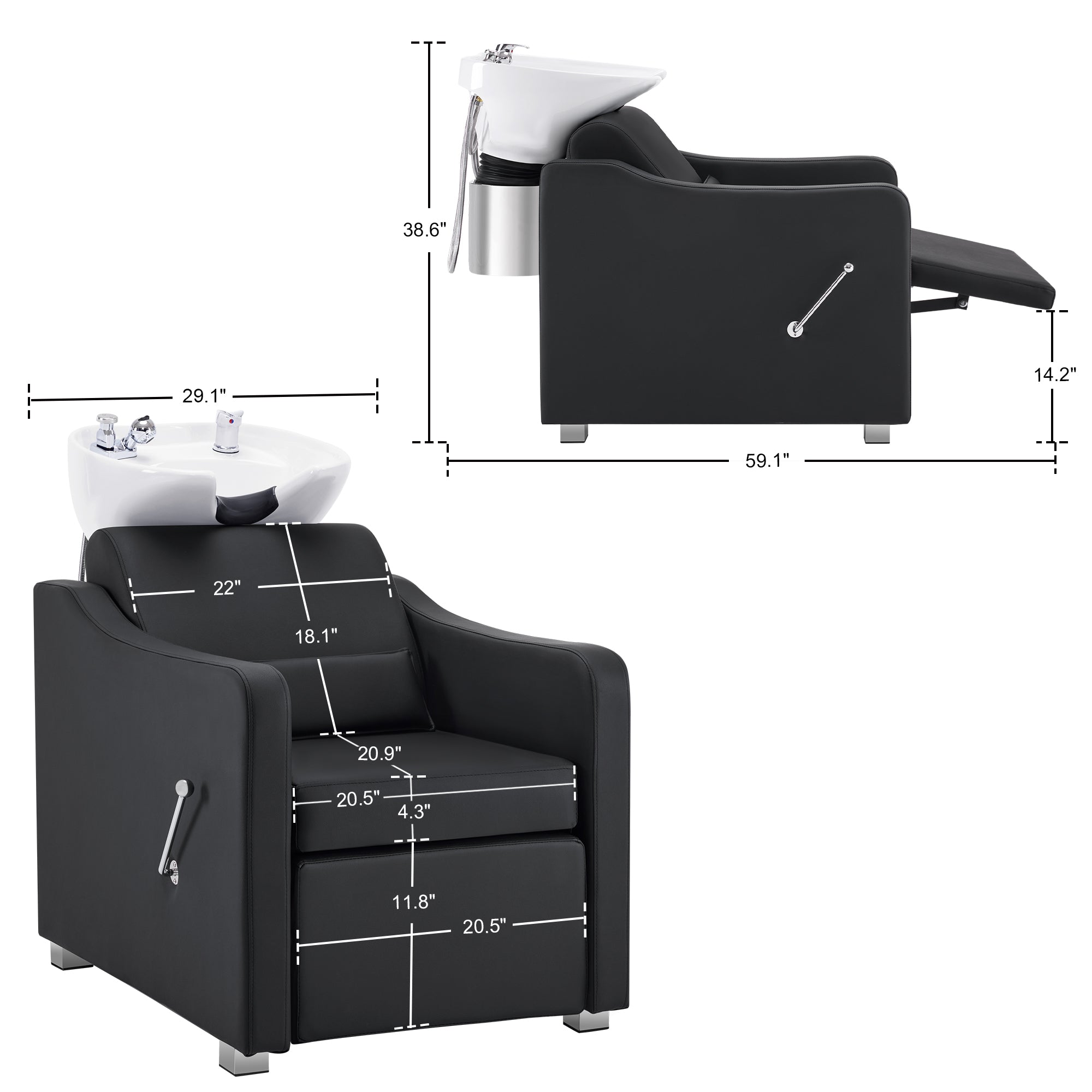 BarberPub Backwash Shampoo Station Chair, Ceramic Hair Wash Bowl for Salon 9364