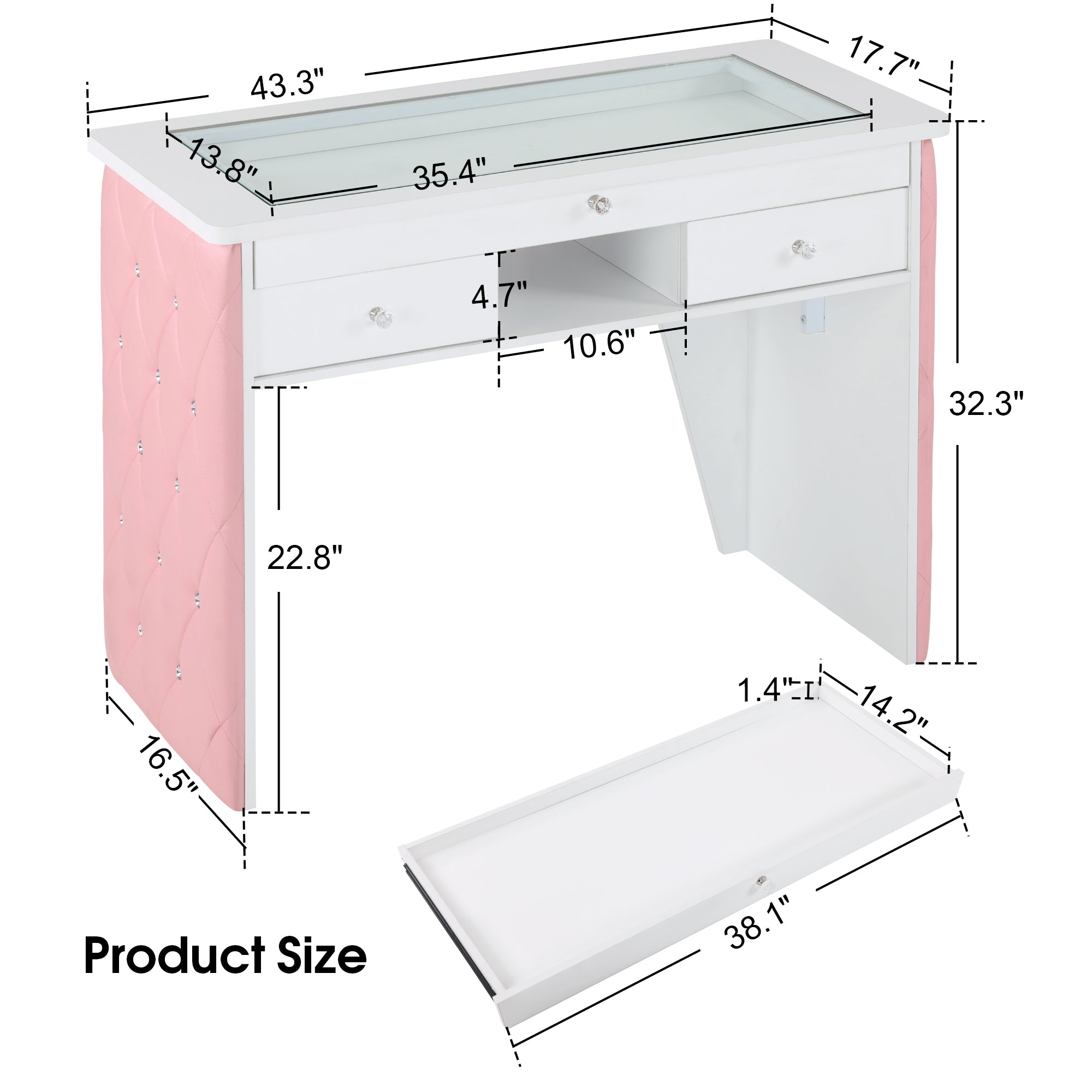 Glass-Top Nail Desk with Storage Drawer & Leather Padding, Beauty Manicure Station 2675