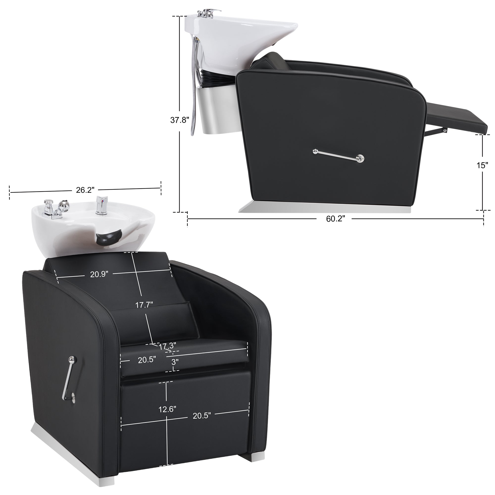 BarberPub Salon Chair 3802 & Backwash Shampoo Chair 9370 Set – Brown Hydraulic Barber Styling Chair with Ceramic Hair Wash Bowl