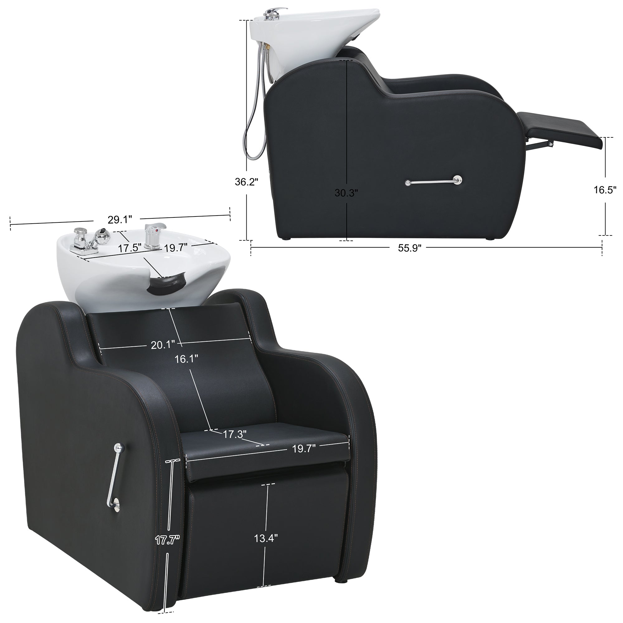 BarberPub Shampoo Bowl and Chair Set, Adjustable Ceramic Bowl and Chair for Salon 9312