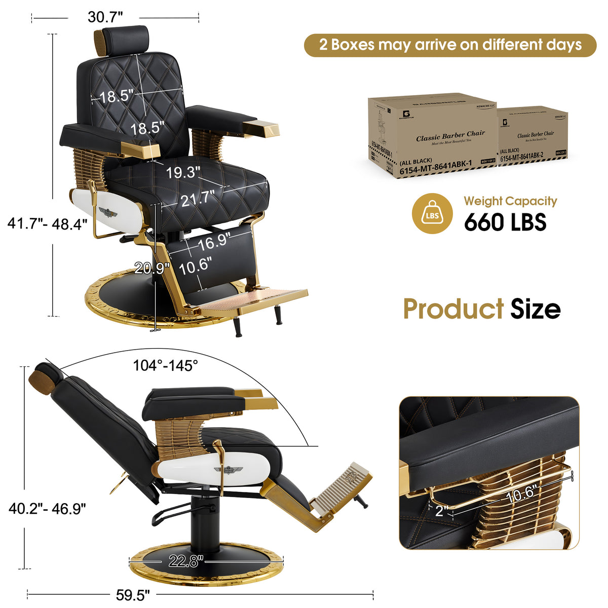 BarberPub Vintage Barber Chair, Hydraulic Reclining, Heavy-Duty Pump, 700 lb Capacity, Sturdy Frame & Stable Base, 8641