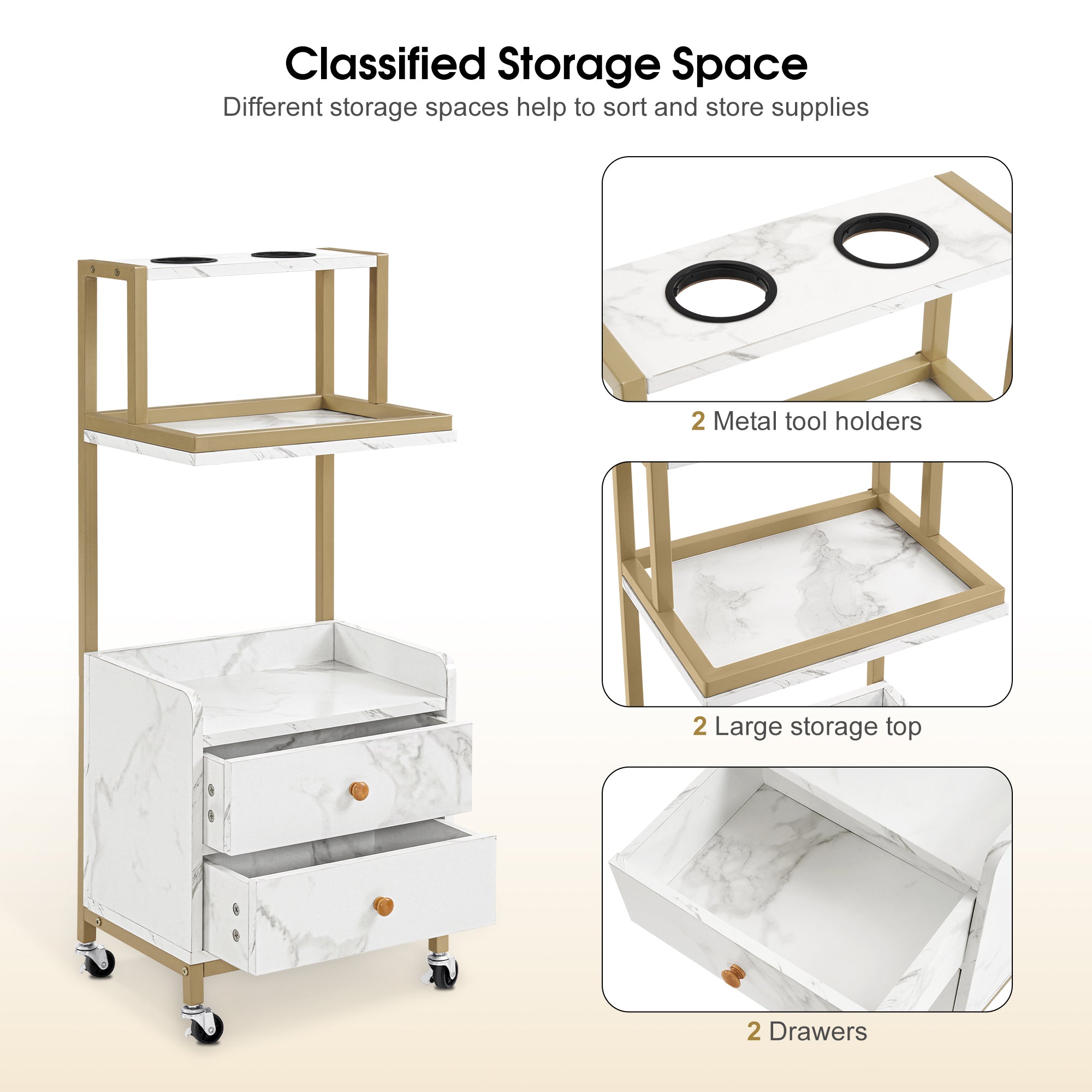 BarberPub Salon Trolley with Wheels Rolling Barber Cart with Tool Holders 2044