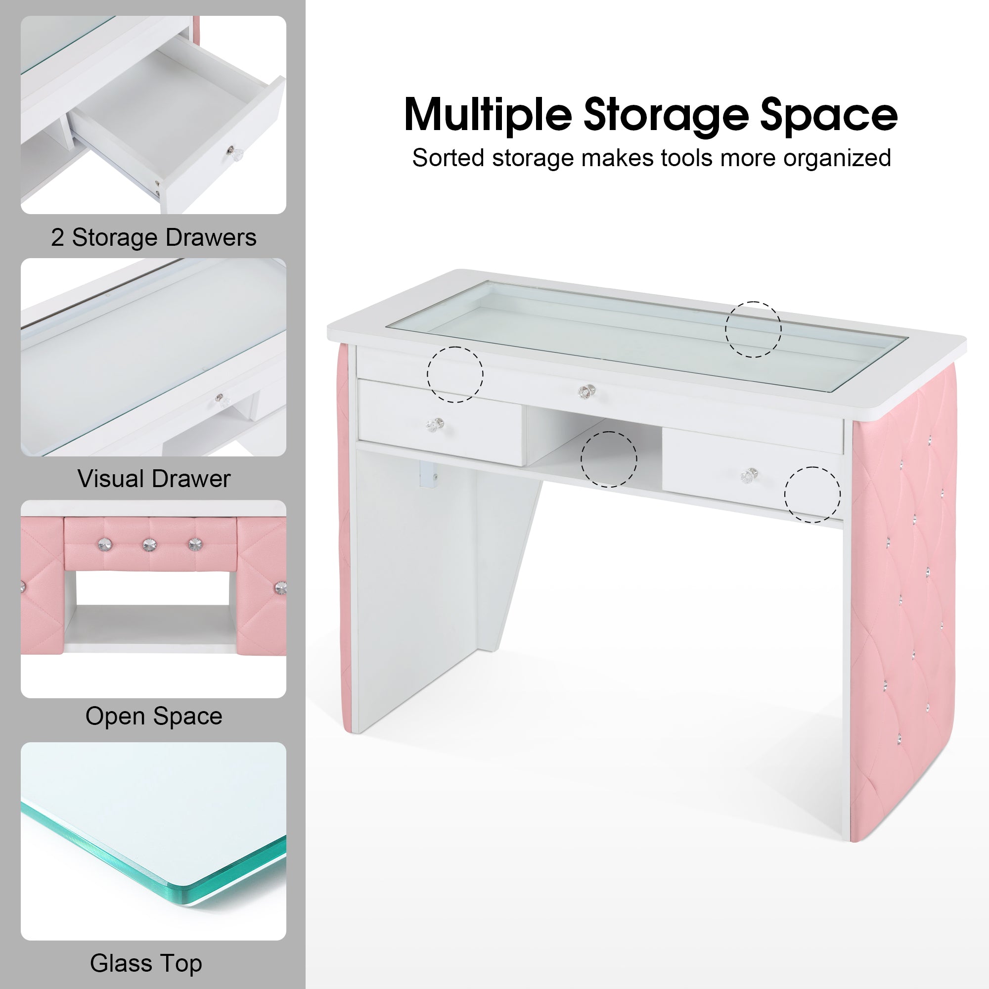 Glass-Top Nail Desk with Storage Drawer & Leather Padding, Beauty Manicure Station 2675