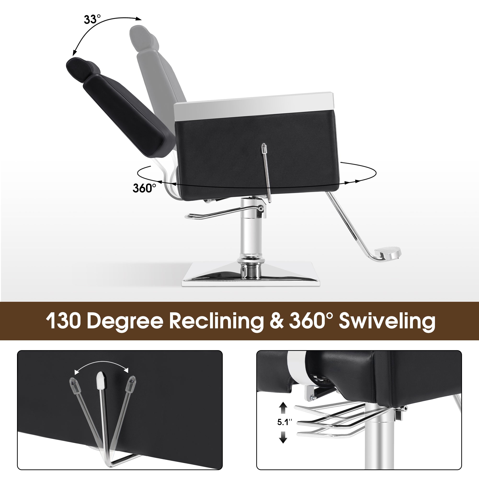 BarberPub Reclining Barber Chair, Hydraulic Salon Styling Chairs with Headrest 3018