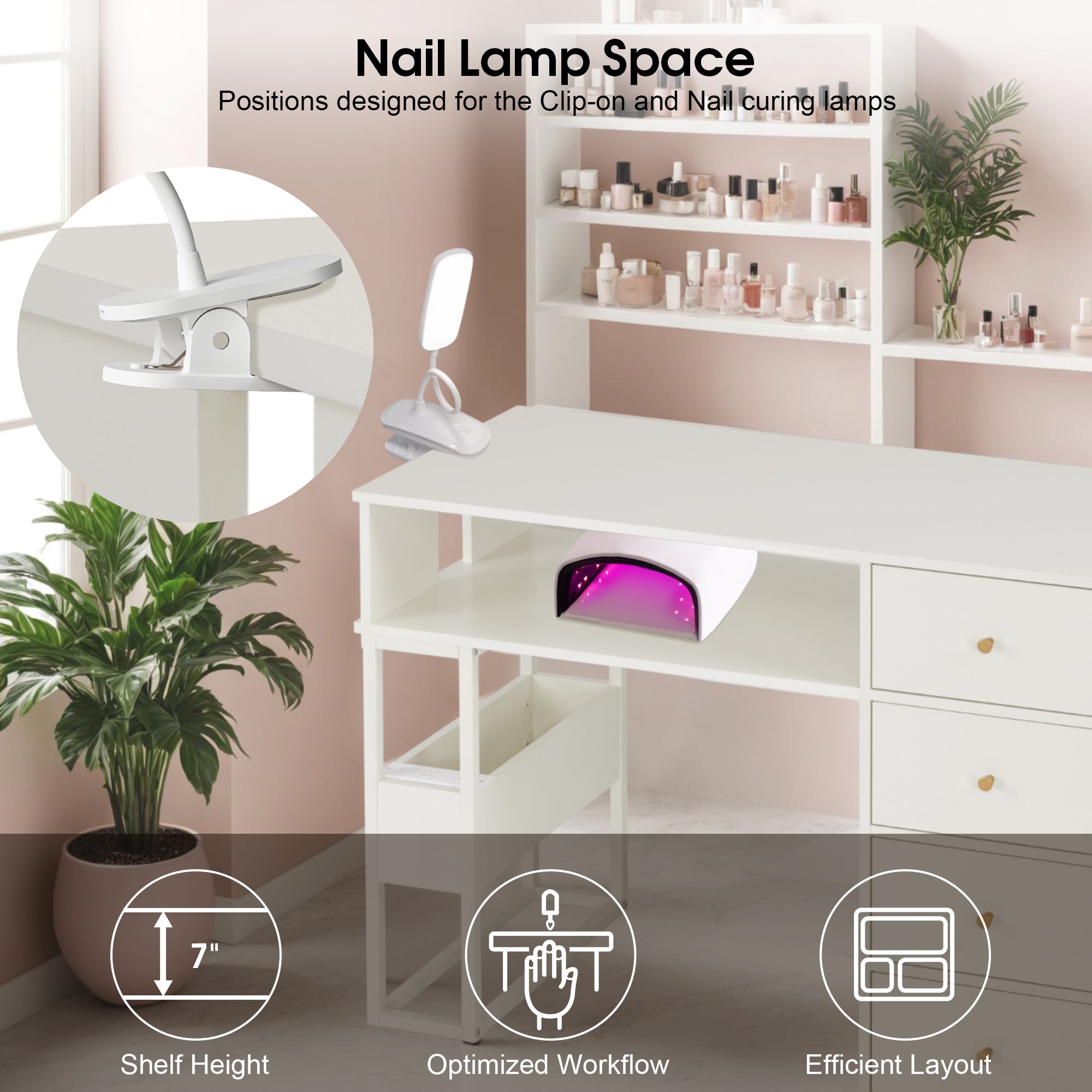 Cream White Nail Tech Desk with Built-In Storage, AC Outlets & USB Ports, Modern Manicure Equipment 2993