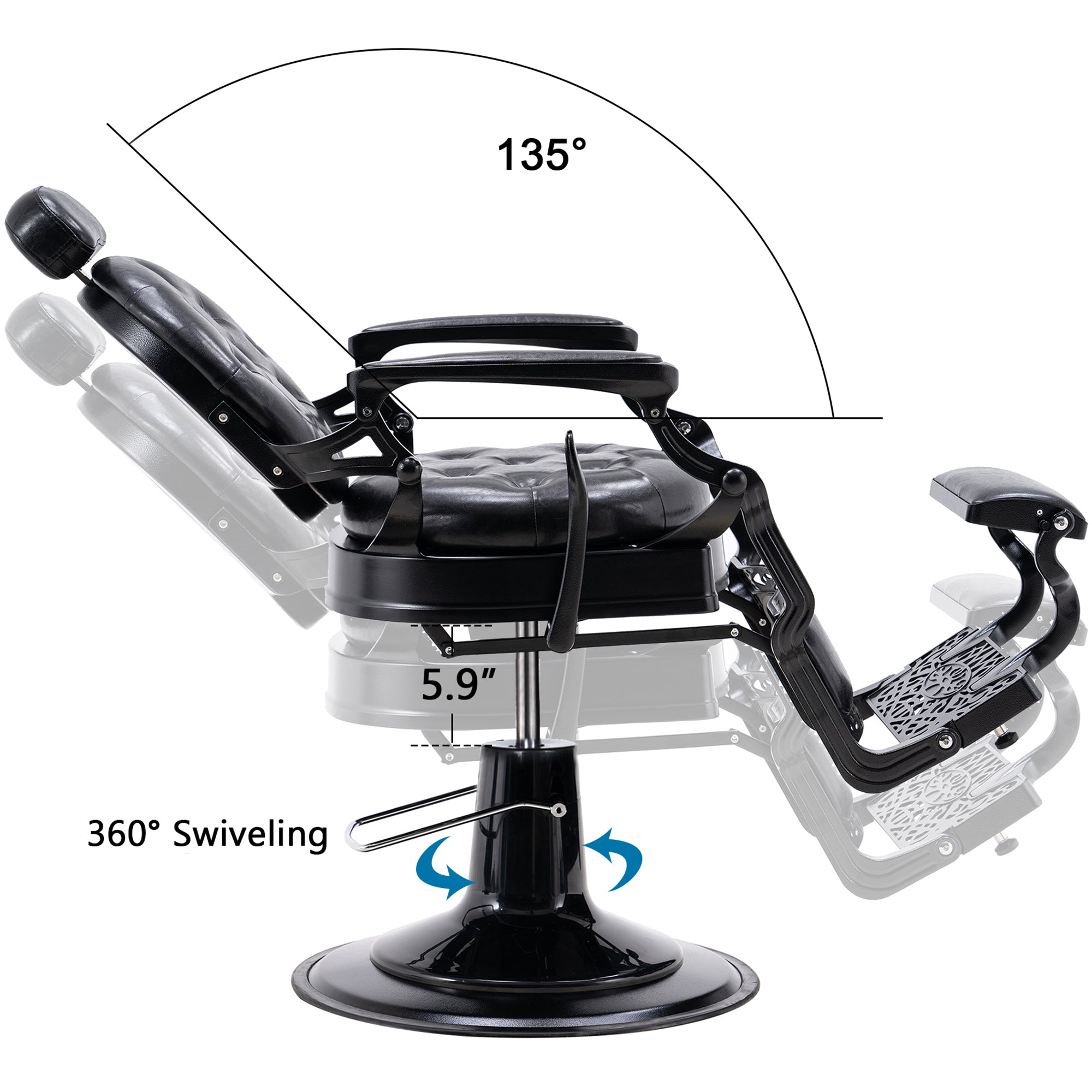 BarberPub Metal Vintage Barber Chair1, Reclining Barbershop Chair with Headrest 3849