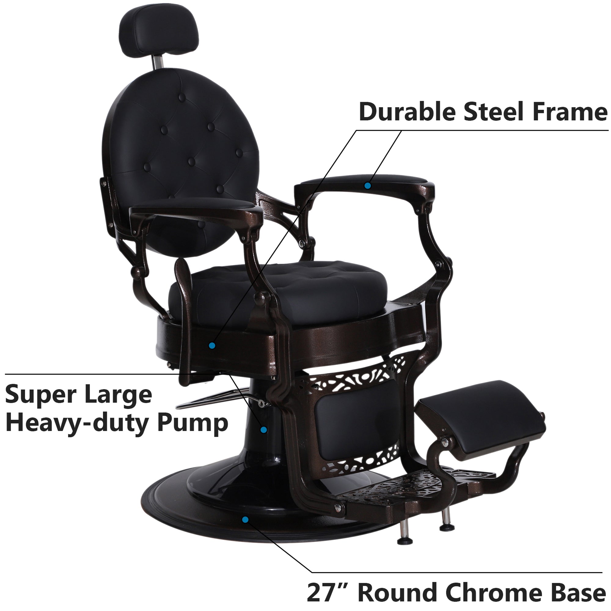 BarberPub Metal Vintage Barber Chair1, Reclining Barbershop Chair with Headrest 3849