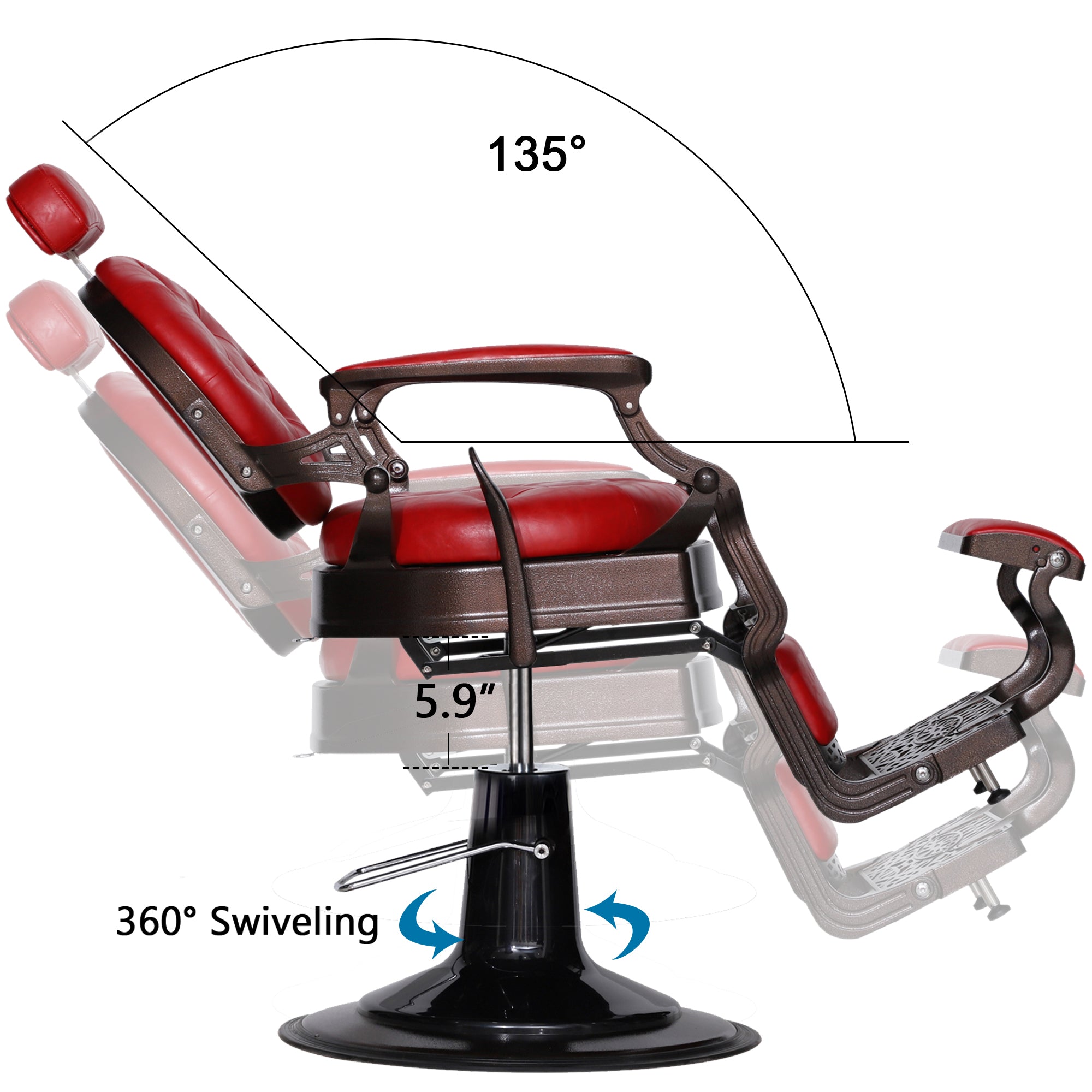 BarberPub Metal Vintage Barber Chair1, Reclining Barbershop Chair with Headrest 3849