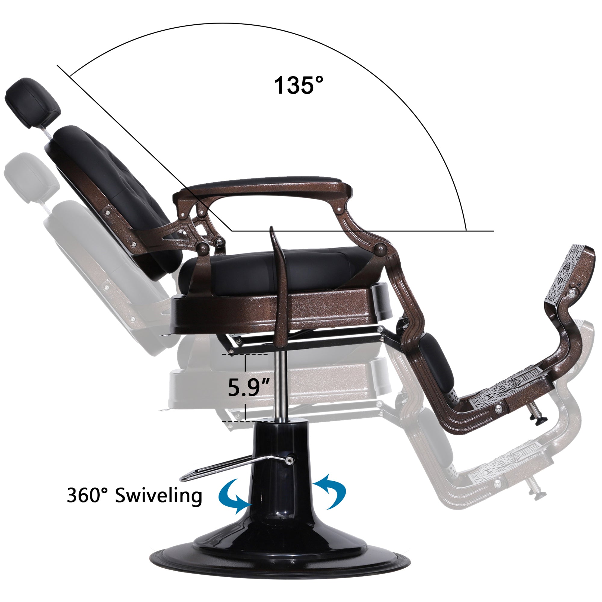 BarberPub Metal Vintage Barber Chair1, Reclining Barbershop Chair with Headrest 3849