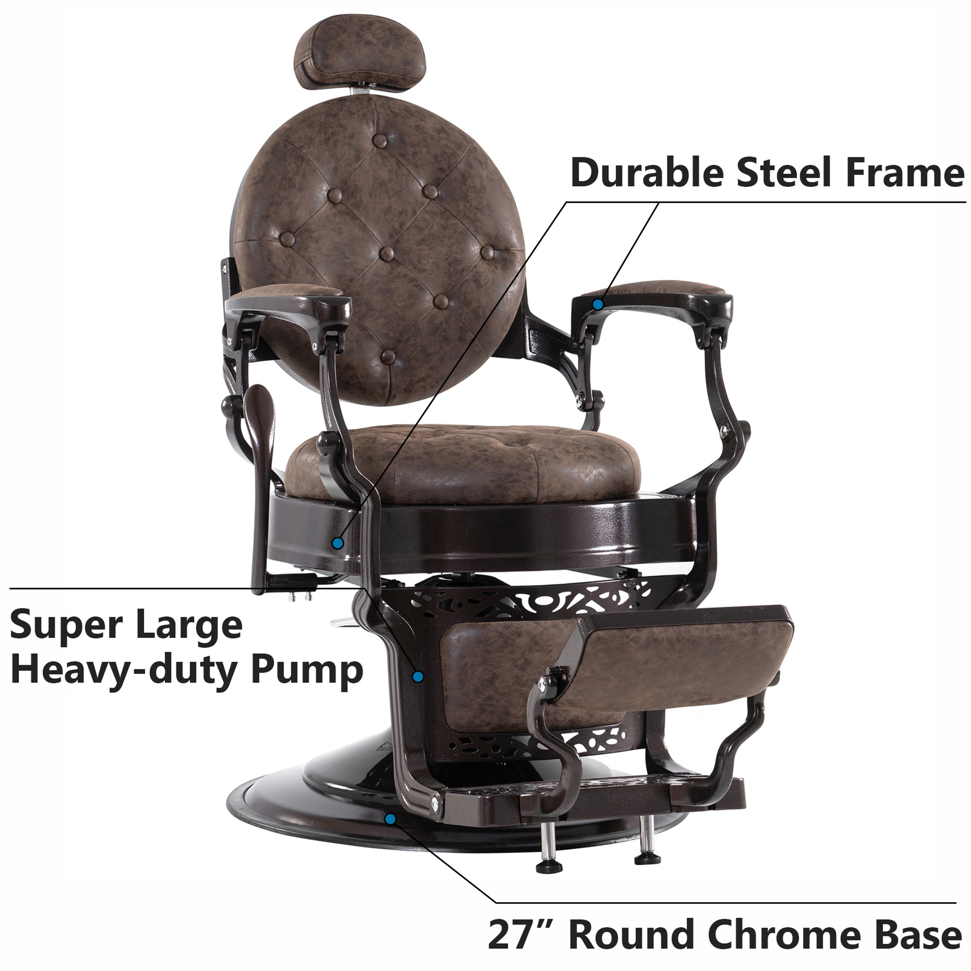 BarberPub Metal Vintage Barber Chair1, Reclining Barbershop Chair with Headrest 3849