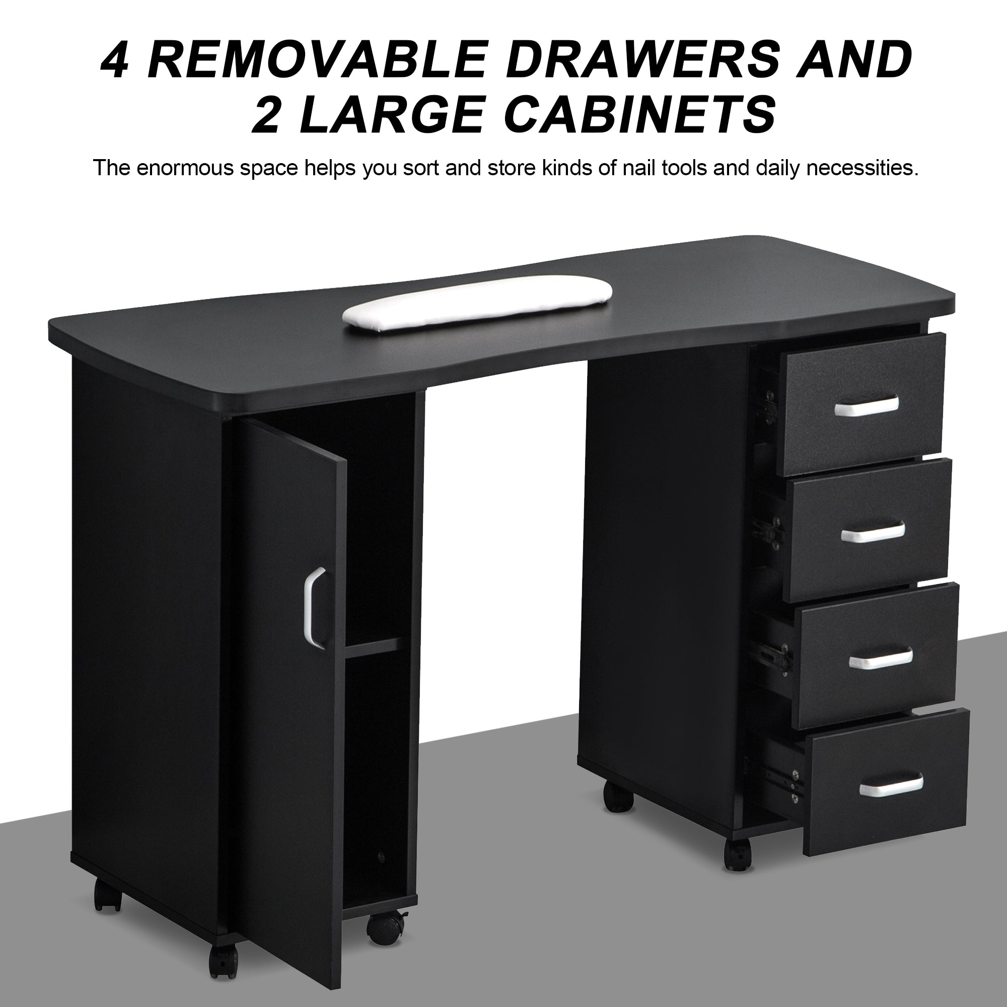 Manicure Acetone Resistant Table with Lockable Wheels, Nail Art Station for Storage 0611