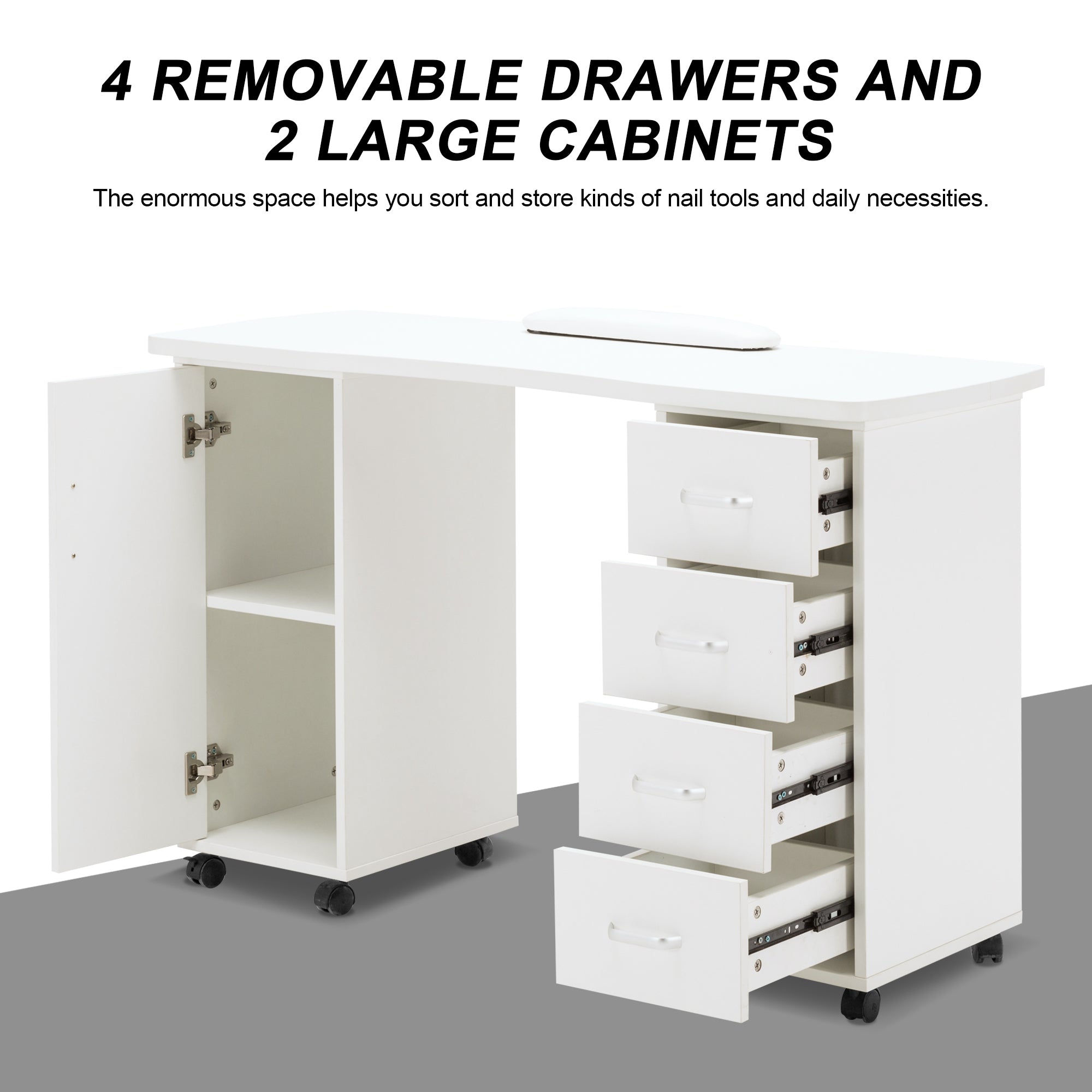 Manicure Acetone Resistant Table with Lockable Wheels, Nail Art Station for Storage 0611