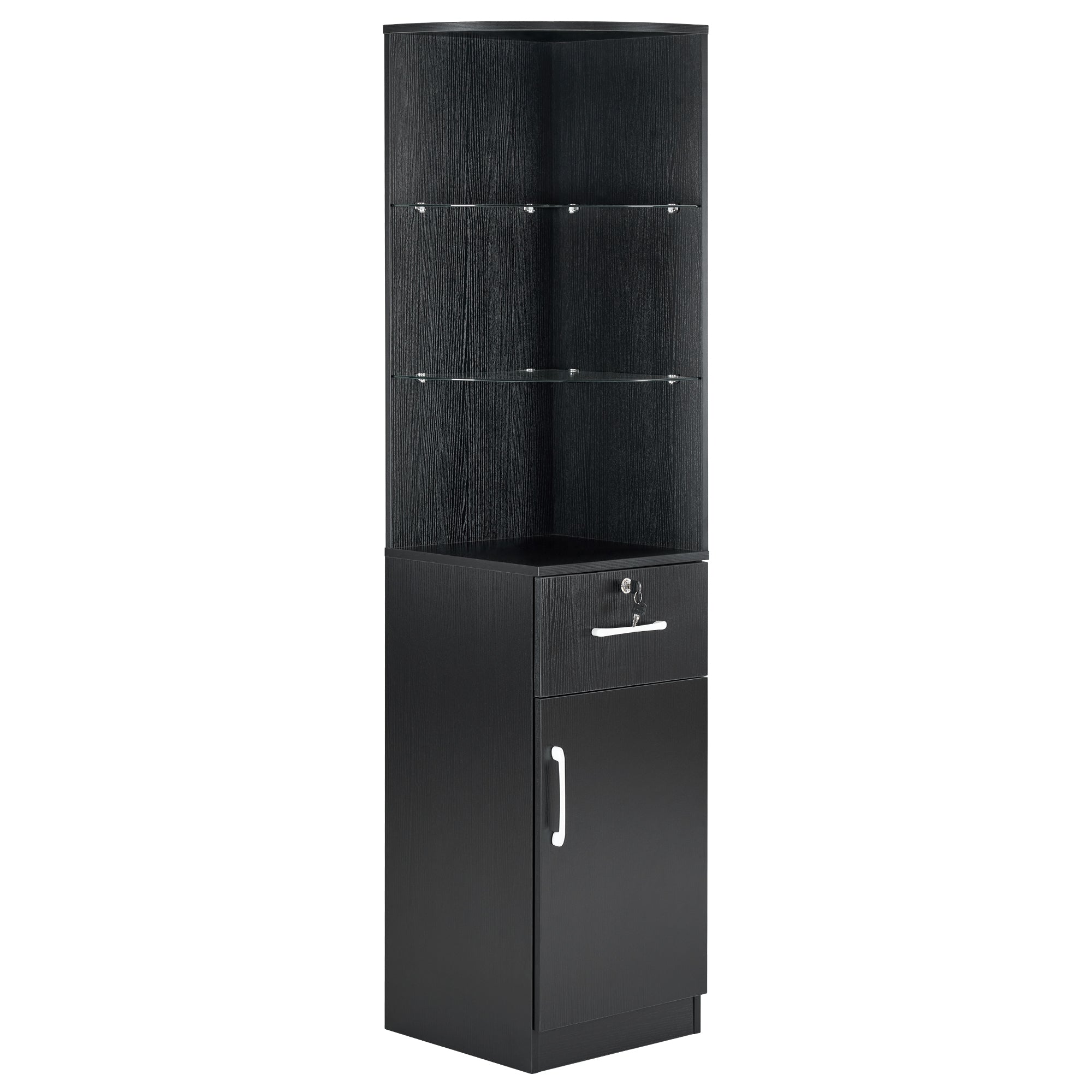 Salon Corner Station with Glass Shelves & Drawer, Barber Hair Styling Storage Cabinet 3200