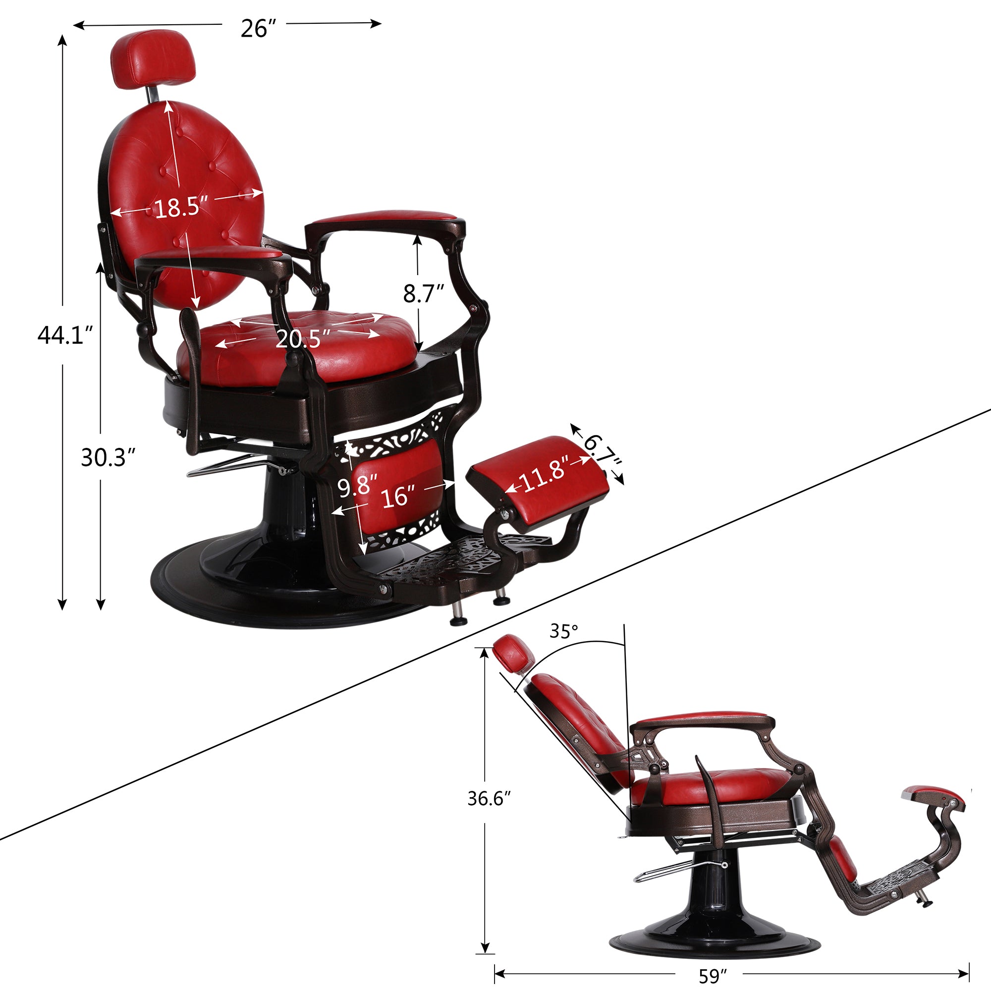 BarberPub Metal Vintage Barber Chair1, Reclining Barbershop Chair with Headrest 3849