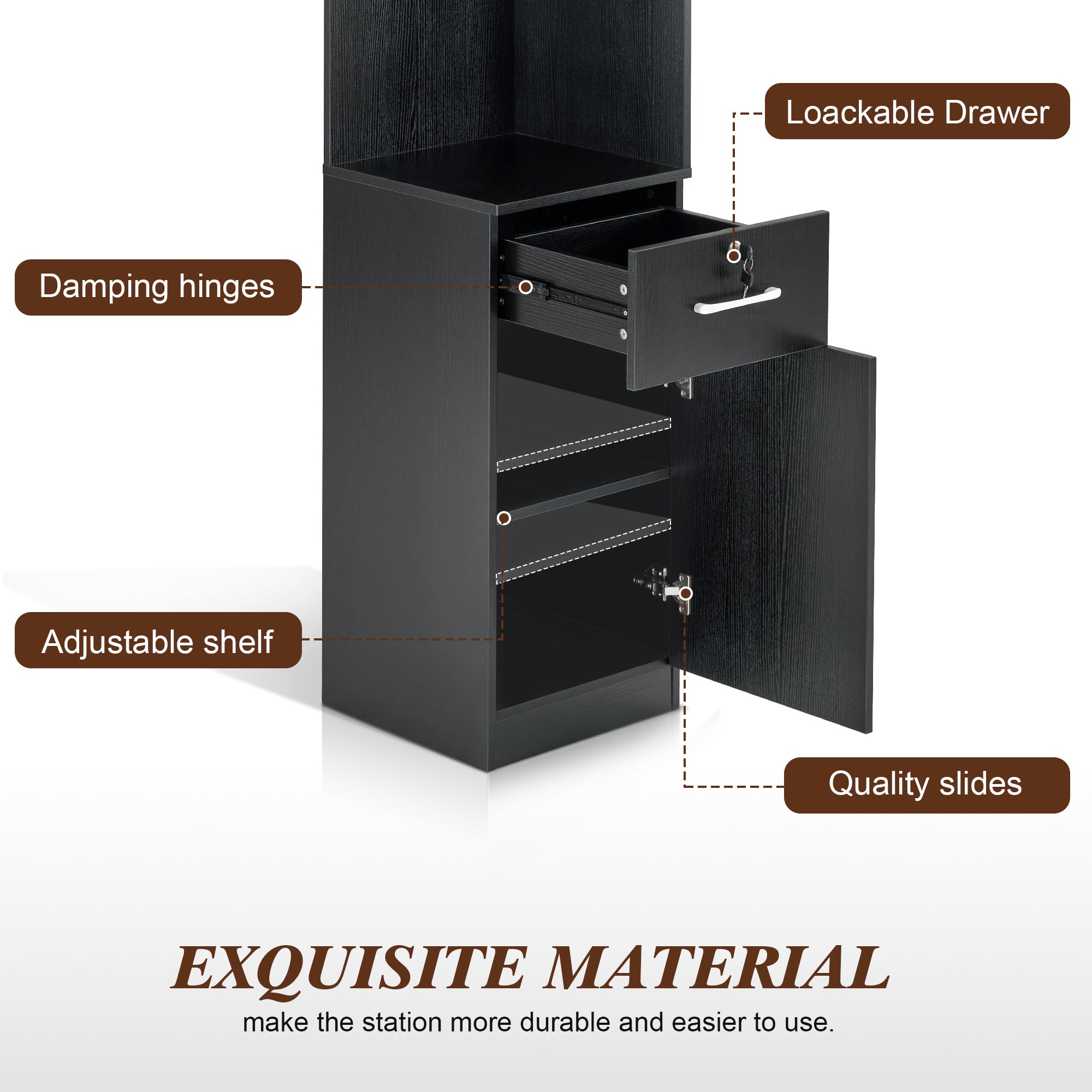 Salon Corner Station with Glass Shelves & Drawer, Barber Hair Styling Storage Cabinet 3200