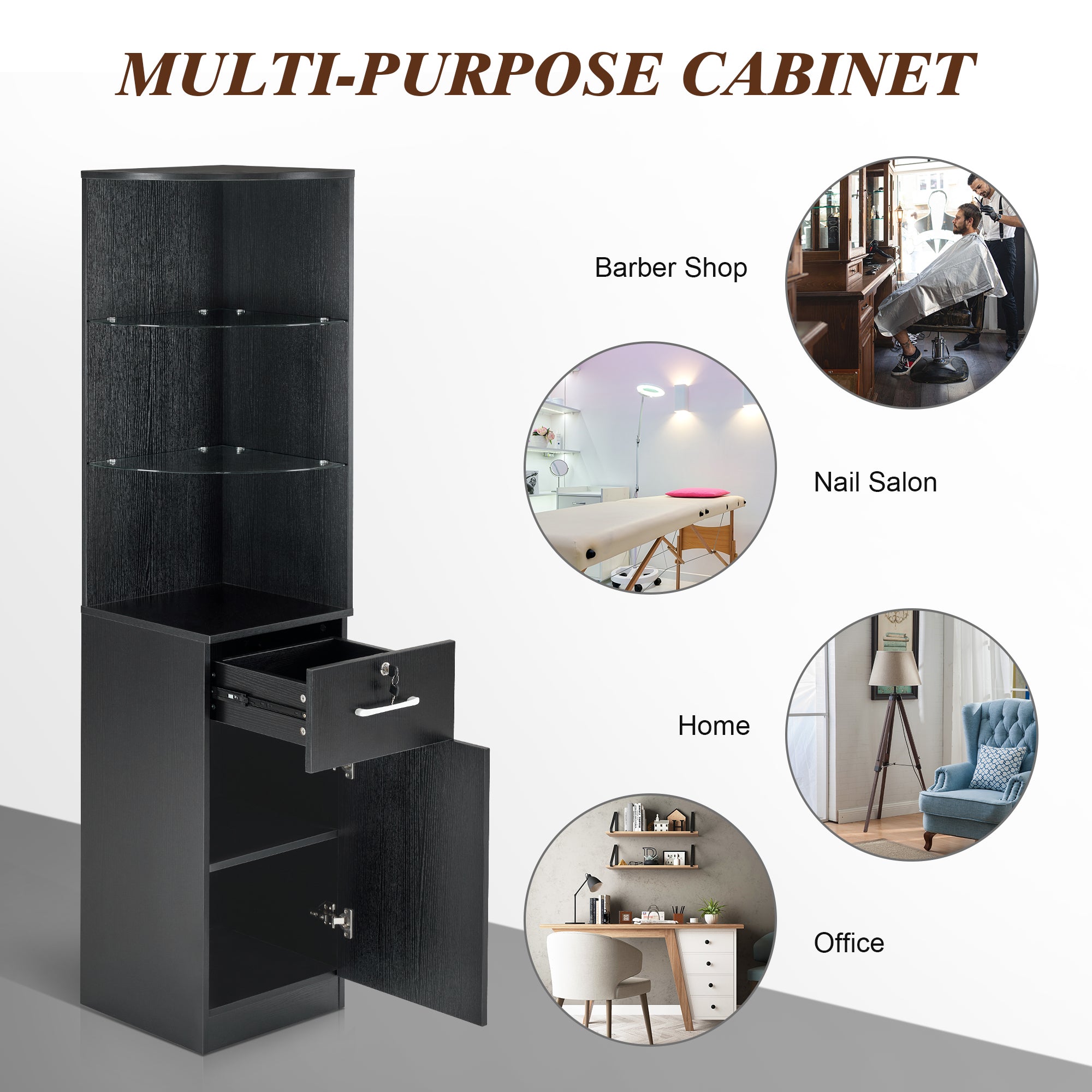 Salon Corner Station with Glass Shelves & Drawer, Barber Hair Styling Storage Cabinet 3200