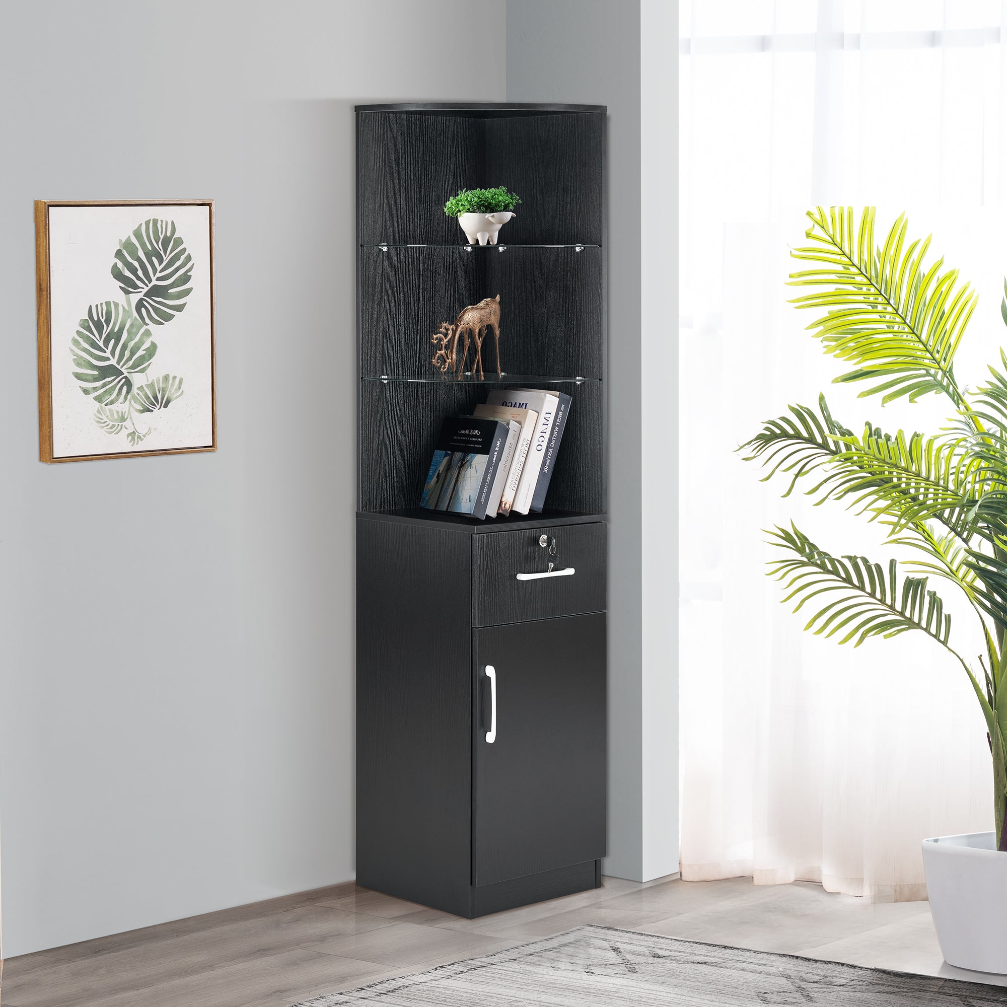 Salon Corner Station with Glass Shelves & Drawer, Barber Hair Styling Storage Cabinet 3200