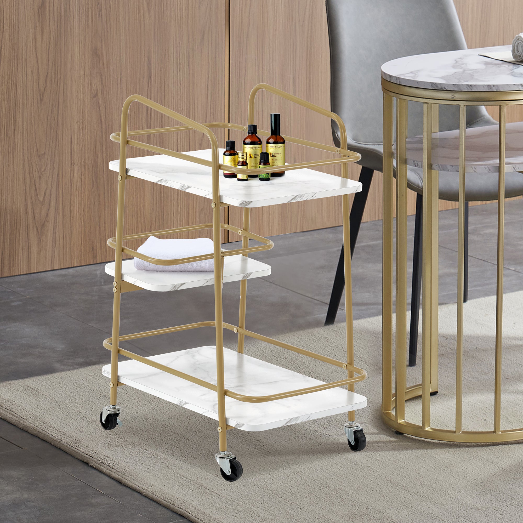 3-tier Hair Salon SPA Utility Trolley, Barber Storage Rolling Cart with Marble Plate 2072
