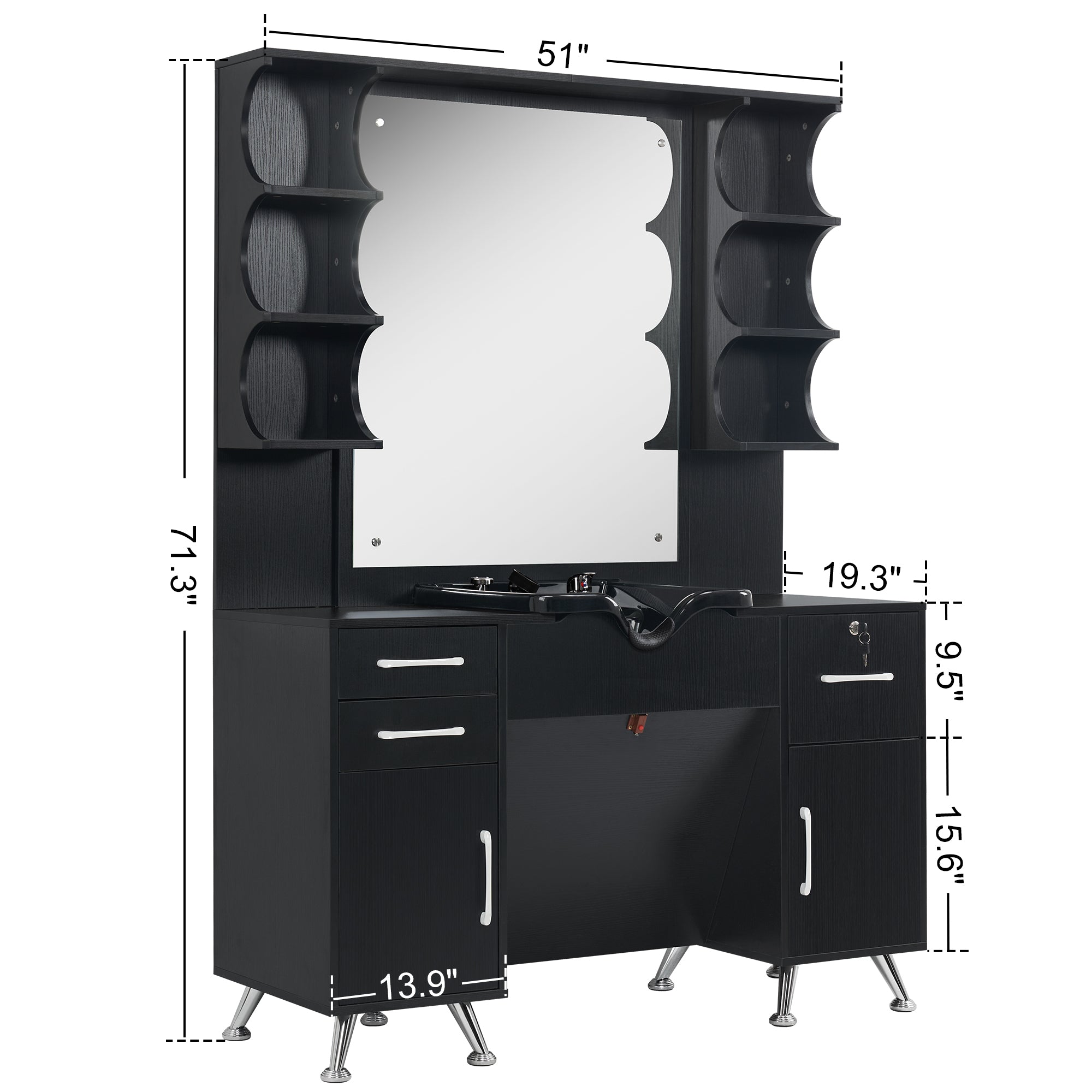 BarberPub Backwash Shampoo Bowl Cabinet, Barber Wall Mount Station with Mirror 3141