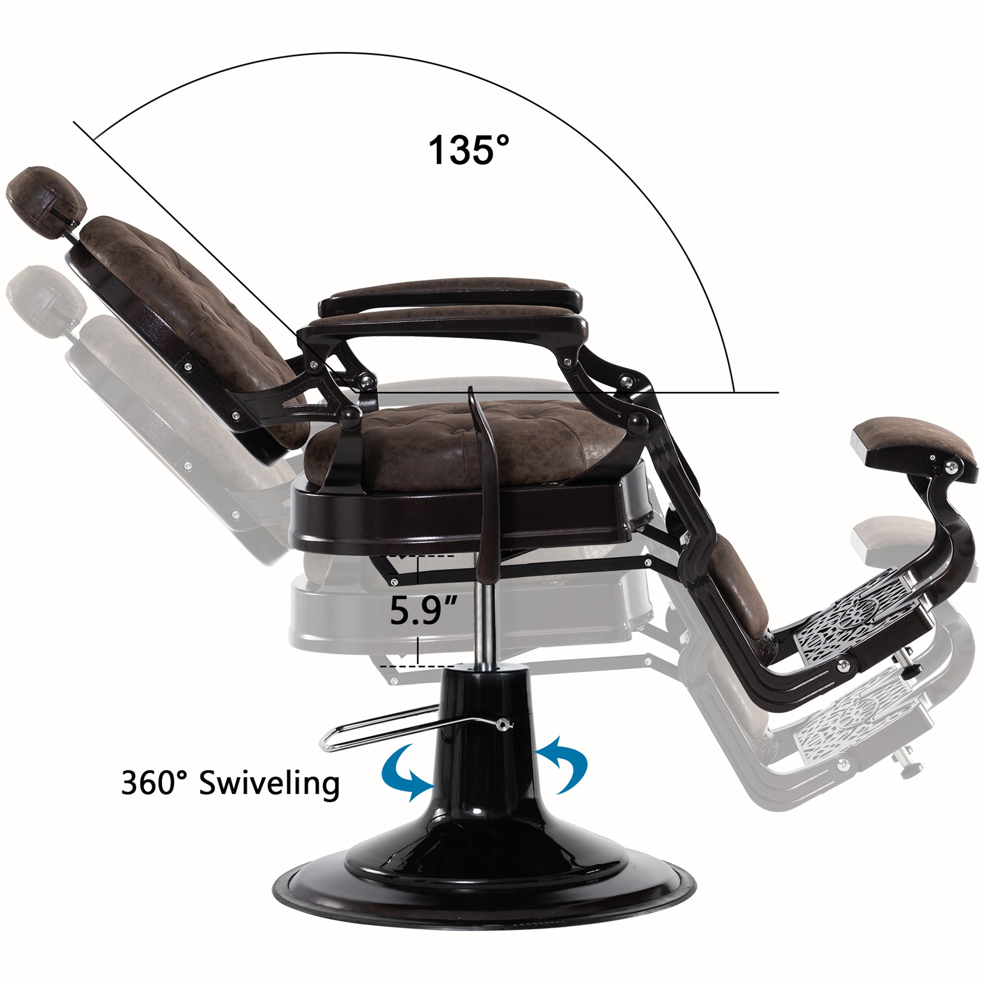 BarberPub Metal Vintage Barber Chair1, Reclining Barbershop Chair with Headrest 3849