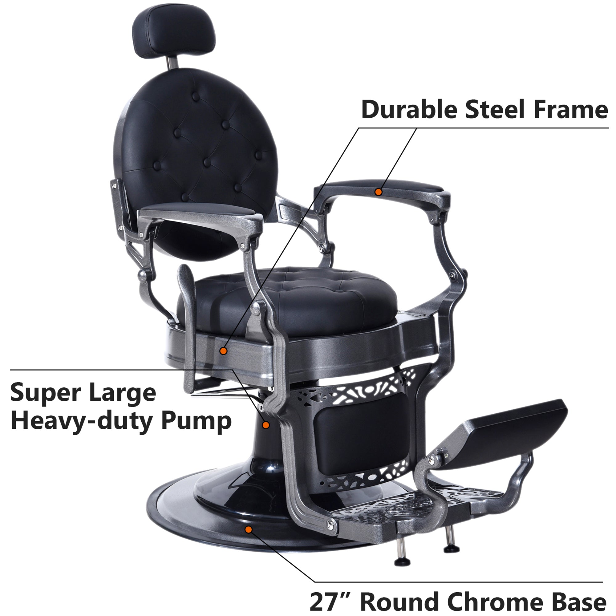 BarberPub Metal Vintage Barber Chair1, Reclining Barbershop Chair with Headrest 3849