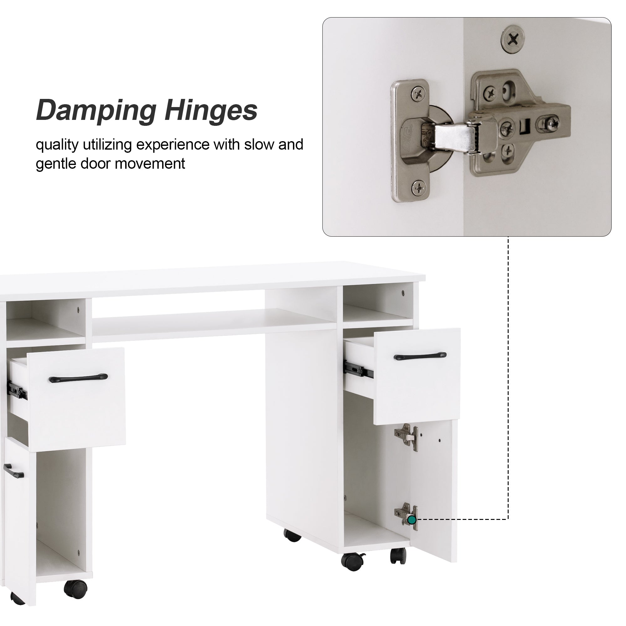 Manicure Table with Lockable Wheels, Beauty Nail Art Desk with Storage Drawers & Cabinets 2600
