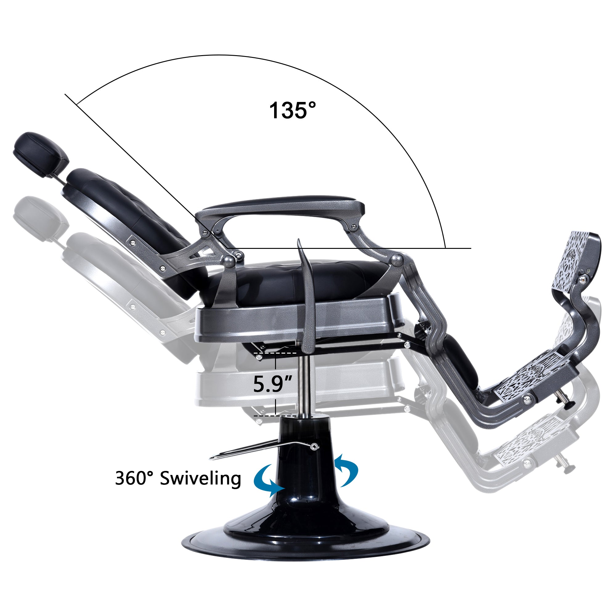 BarberPub Metal Vintage Barber Chair1, Reclining Barbershop Chair with Headrest 3849