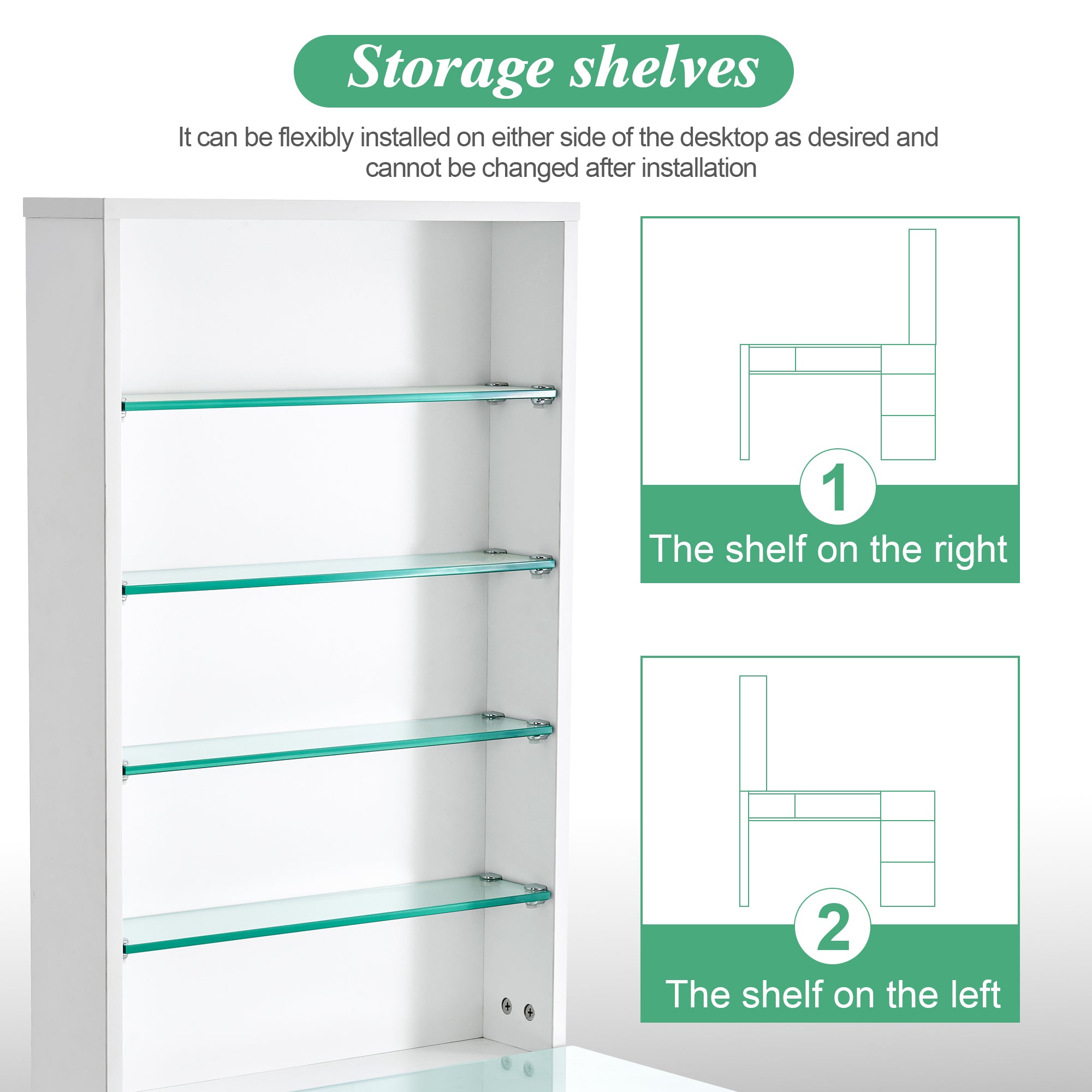 Glass Top Manicure Table With Open Shelves, Nail Tech Desk with Storage Drawers 2673