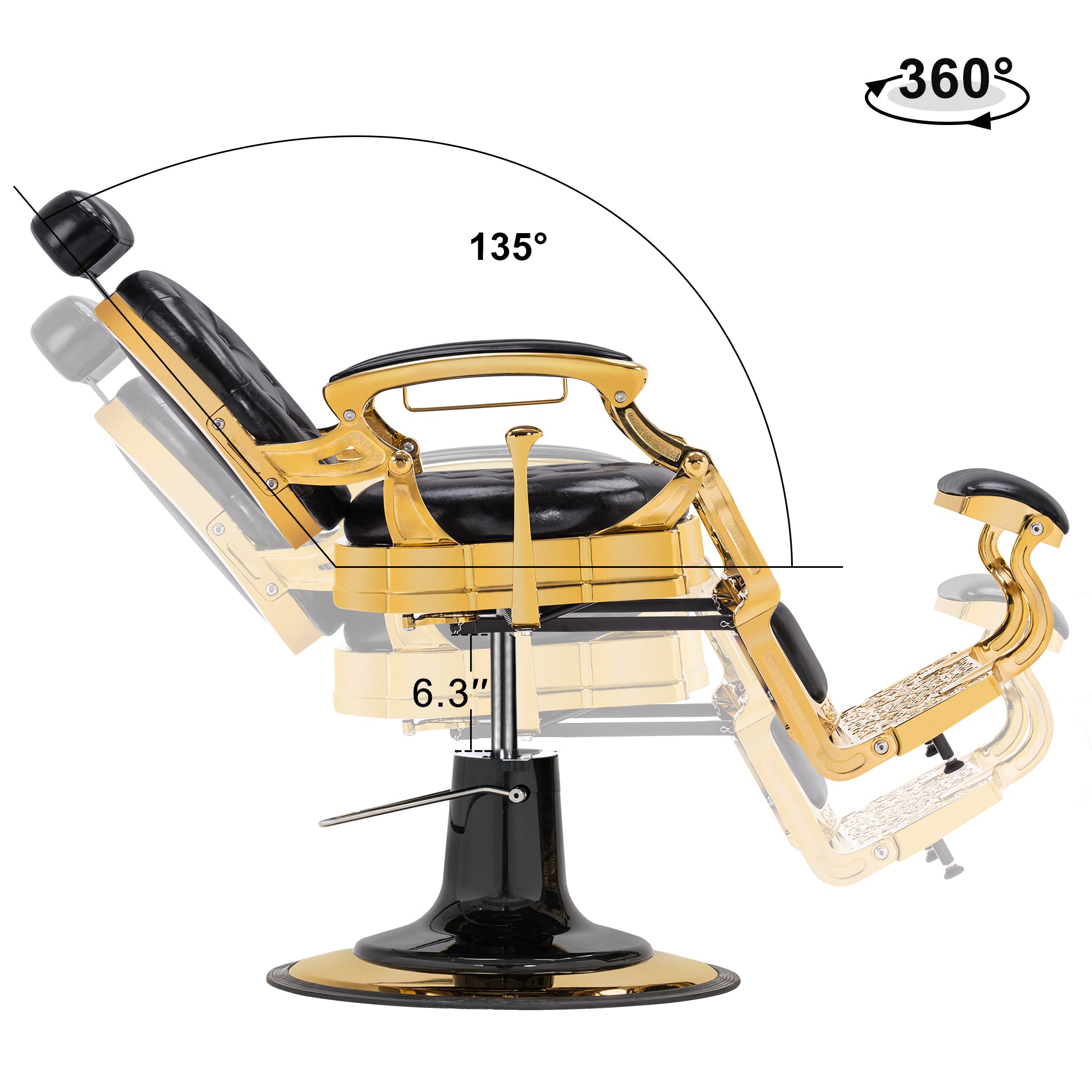 BarberPub Metal Vintage Barber Chair1, Reclining Barbershop Chair with Headrest 3849
