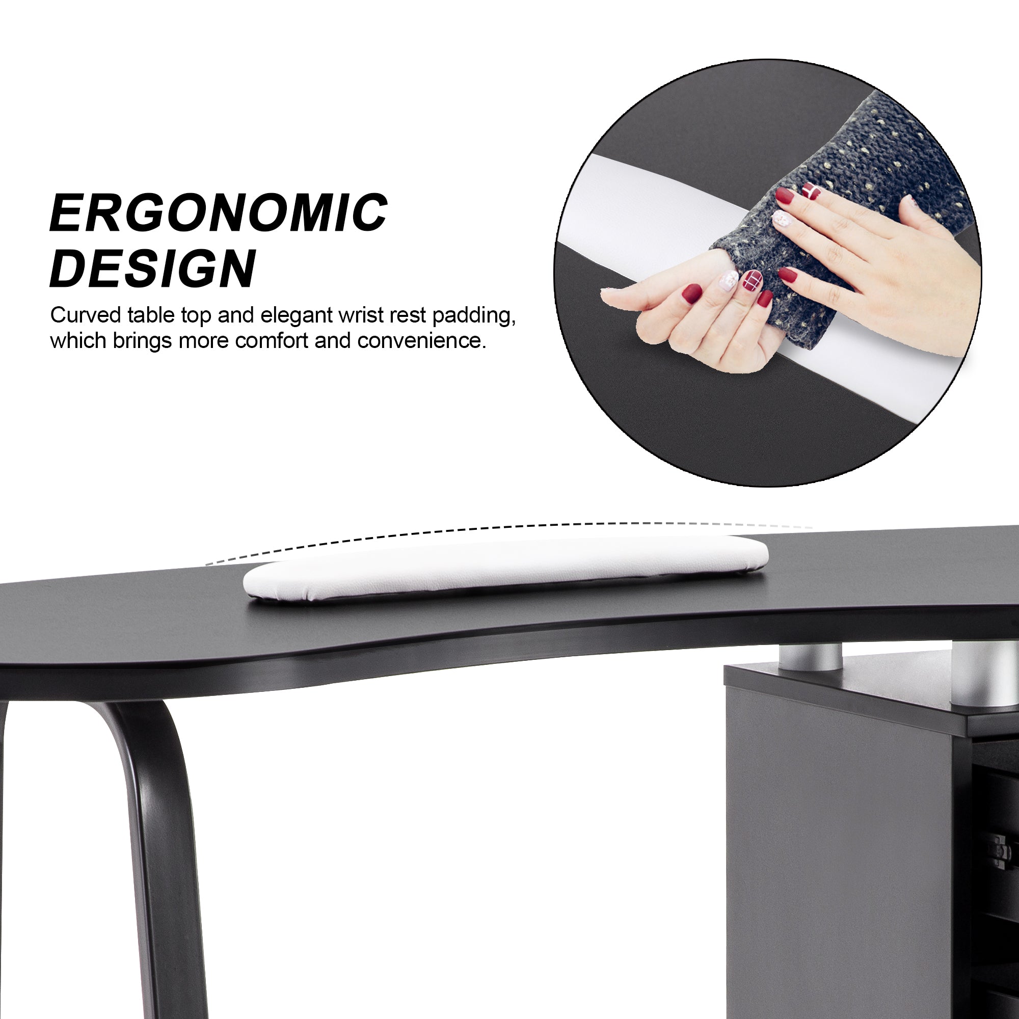 Manicure Acetone Resistant Table with Storage Cabinet & Drawer, Beauty Nail Art Desk with Wheels 0422