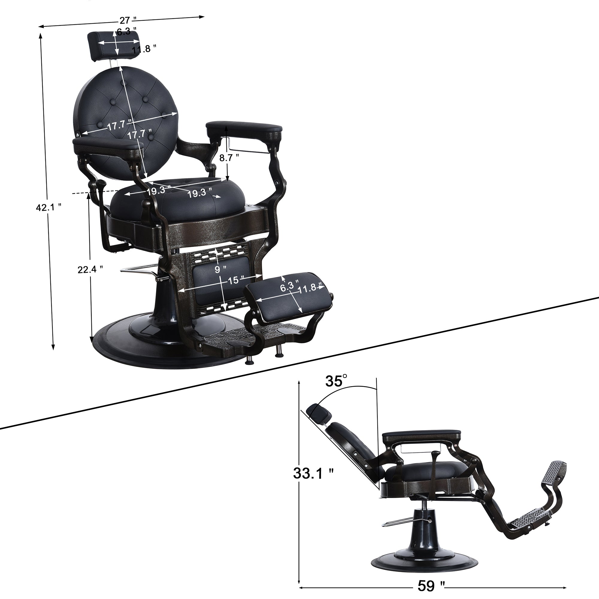 BarberPub Vintage Barber Chair, Heavy Duty Metal Frame Reclining All Purpose Chair 2947