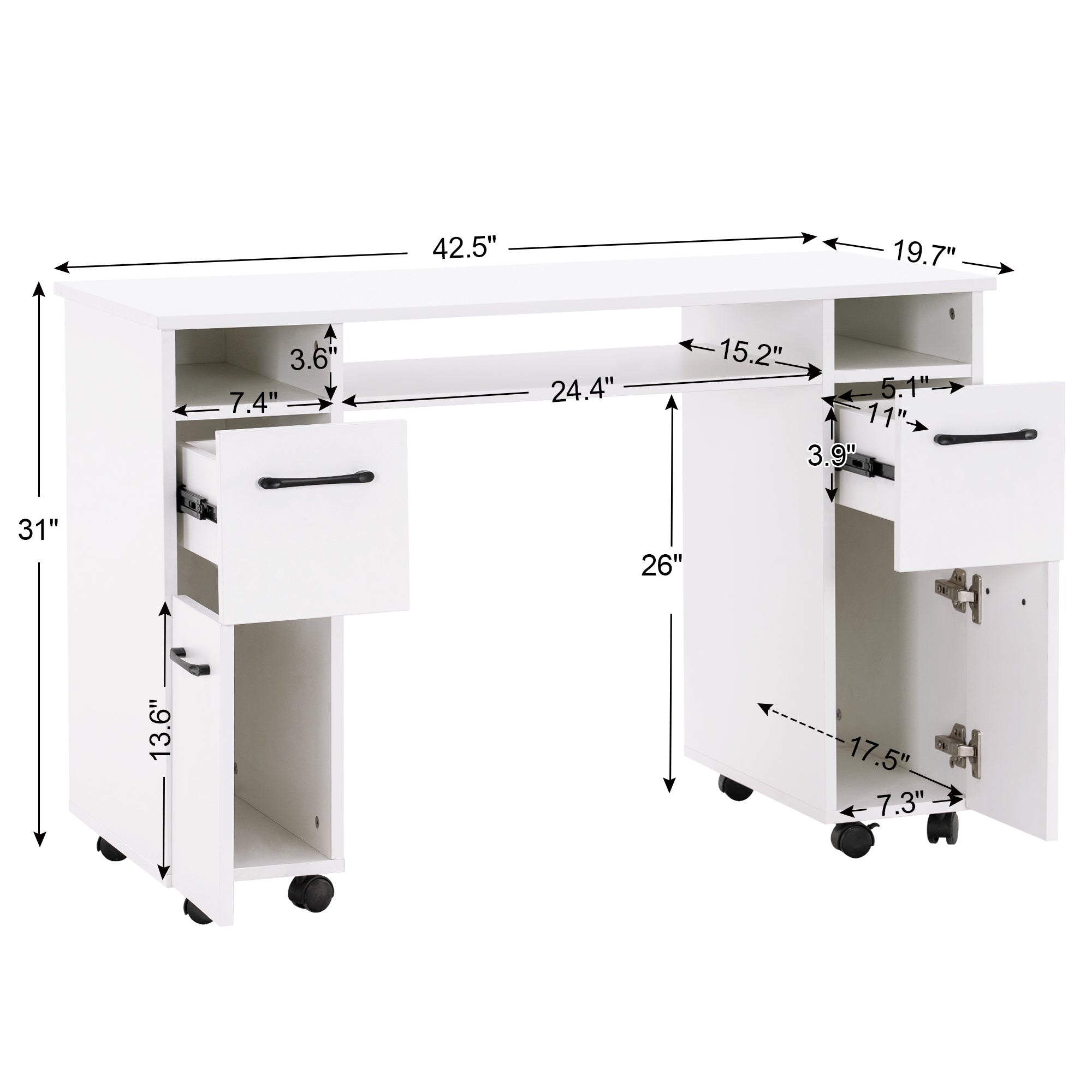 Manicure Table with Lockable Wheels, Beauty Nail Art Desk with Storage Drawers & Cabinets 2600