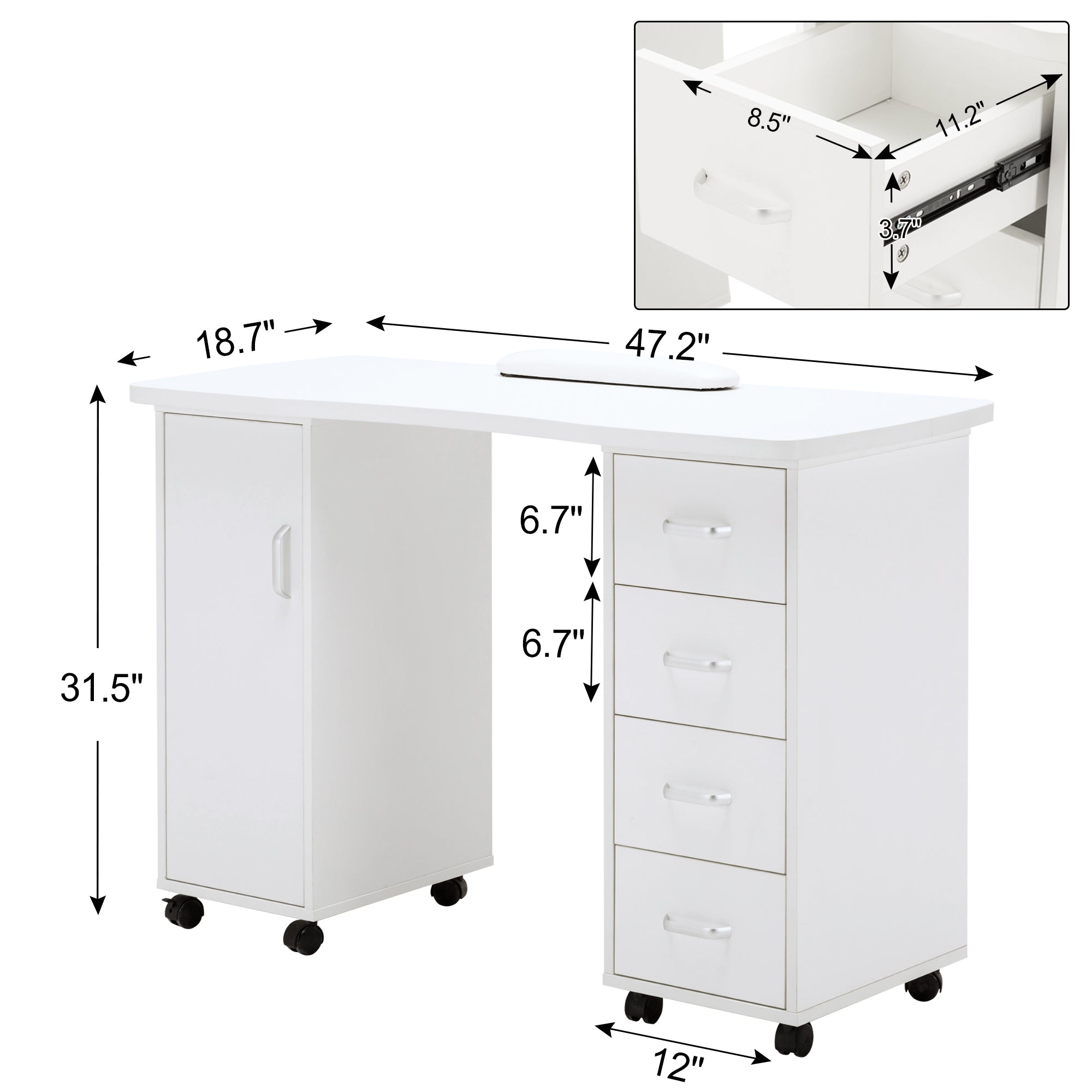 Manicure Acetone Resistant Table with Lockable Wheels, Nail Art Station for Storage 0611