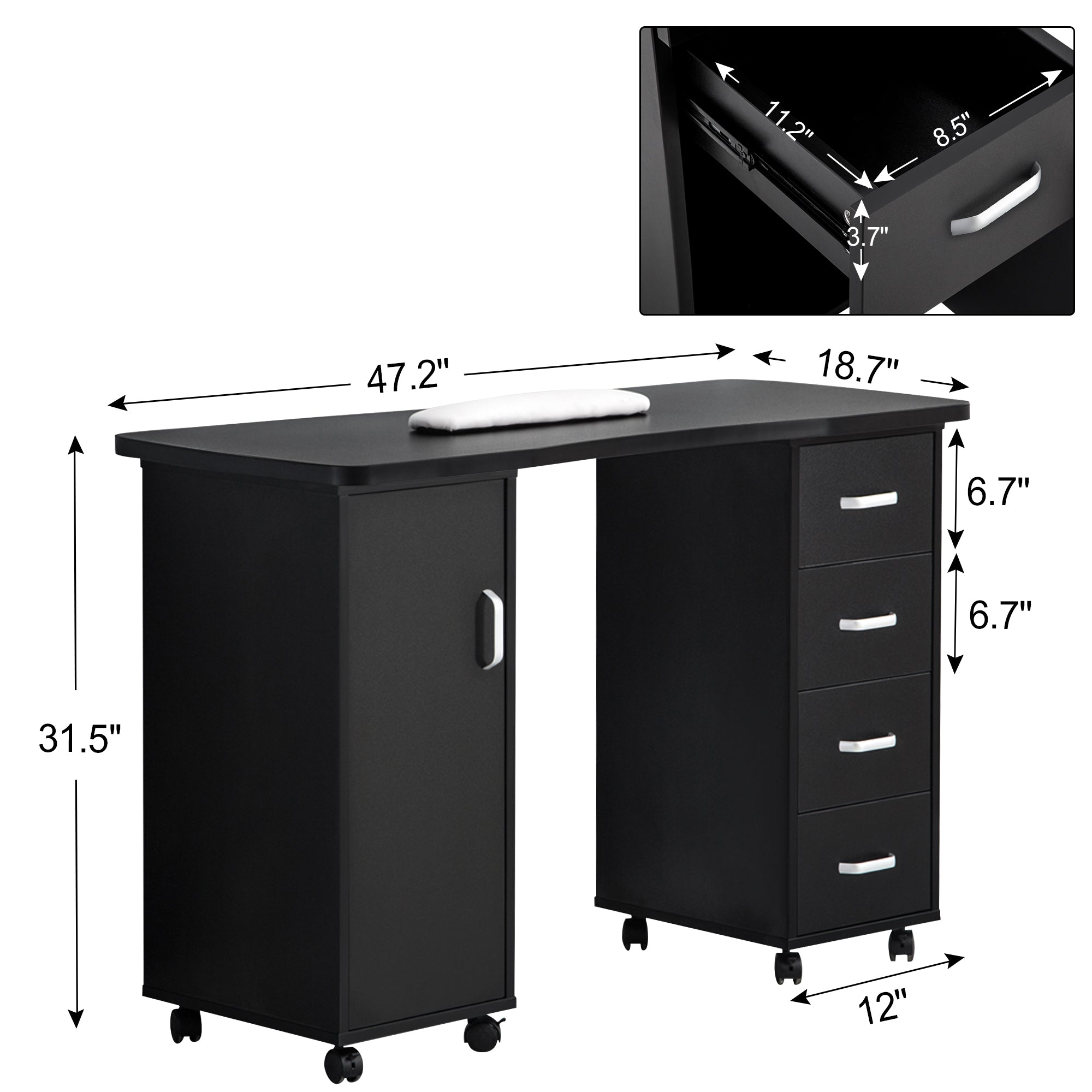 Manicure Acetone Resistant Table with Lockable Wheels, Nail Art Station for Storage 0611