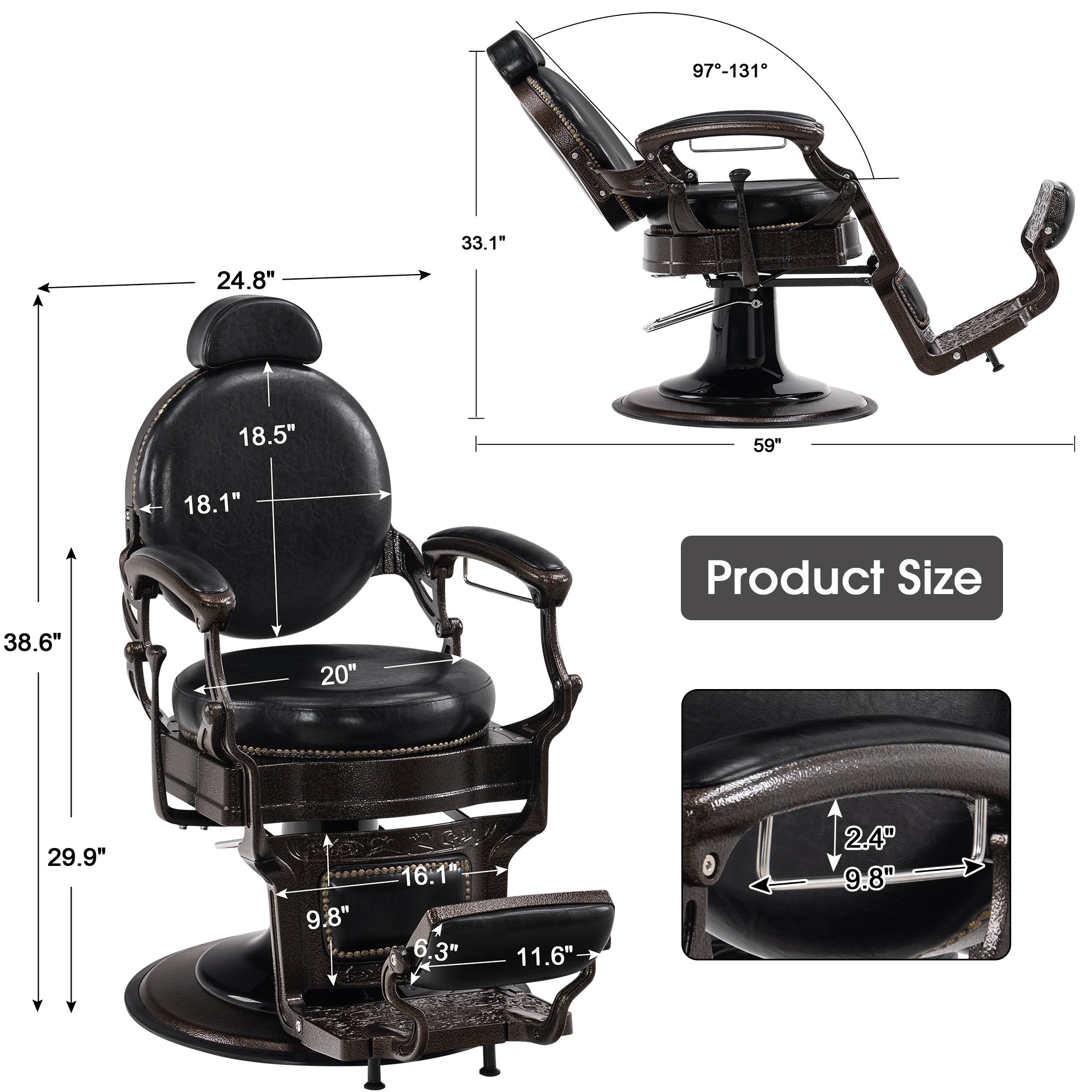 BarberPub Vintage Barber Chair, All Purpose Reclining Salon Chair for Barbershop 9201
