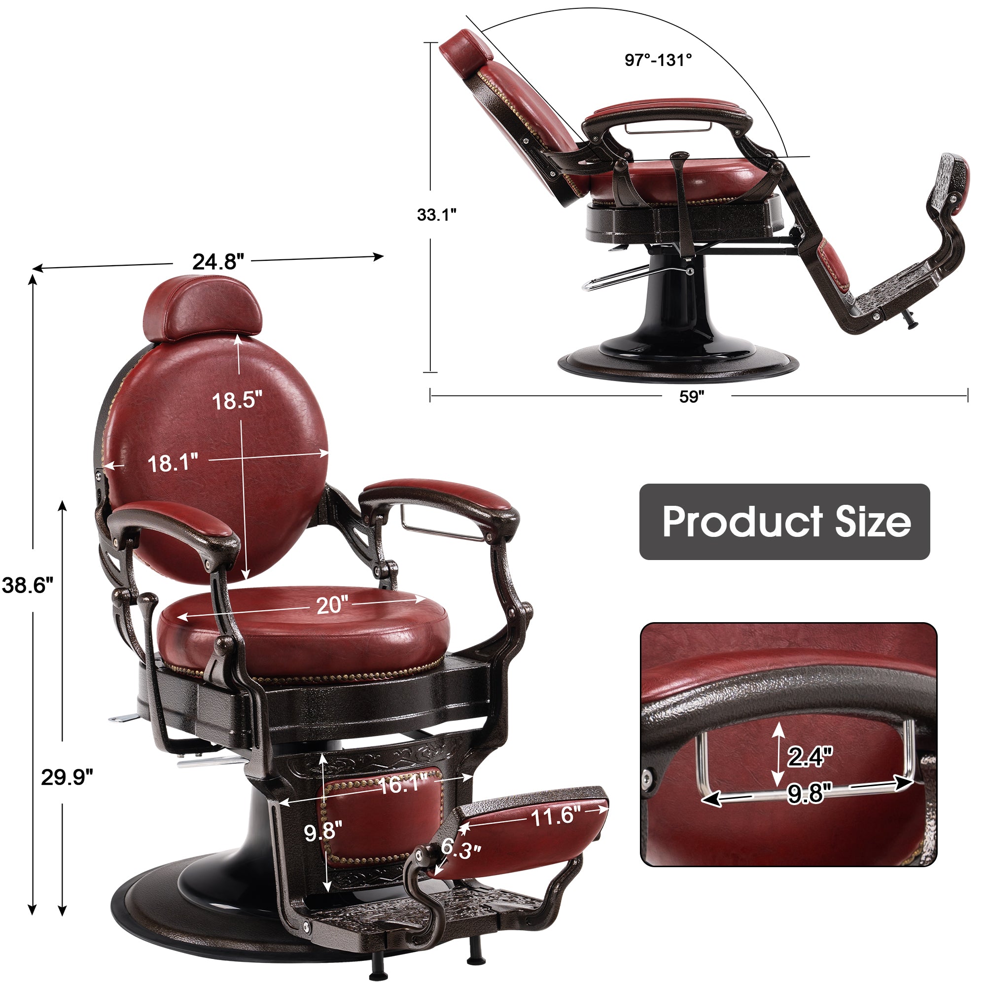 BarberPub Vintage Barber Chair, All Purpose Reclining Salon Chair for Barbershop 9201