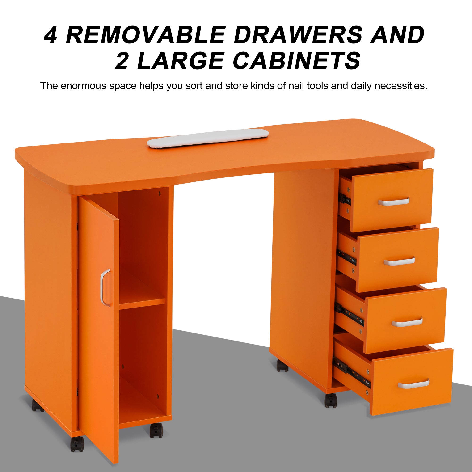 Manicure Acetone Resistant Table with Lockable Wheels, Nail Art Station for Storage 0611