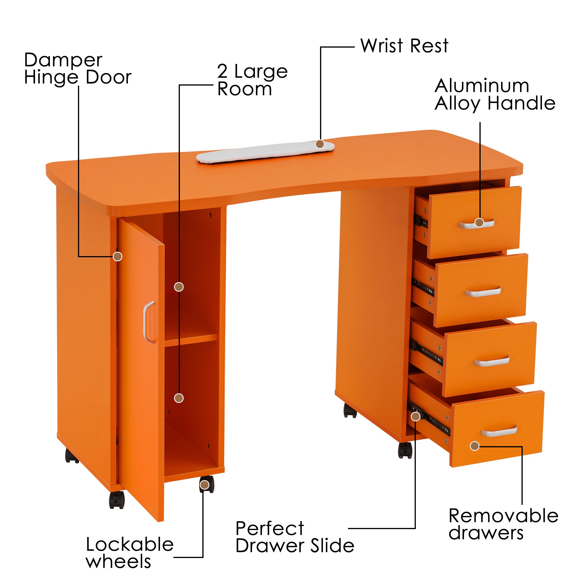 Manicure Acetone Resistant Table with Lockable Wheels, Nail Art Station for Storage 0611