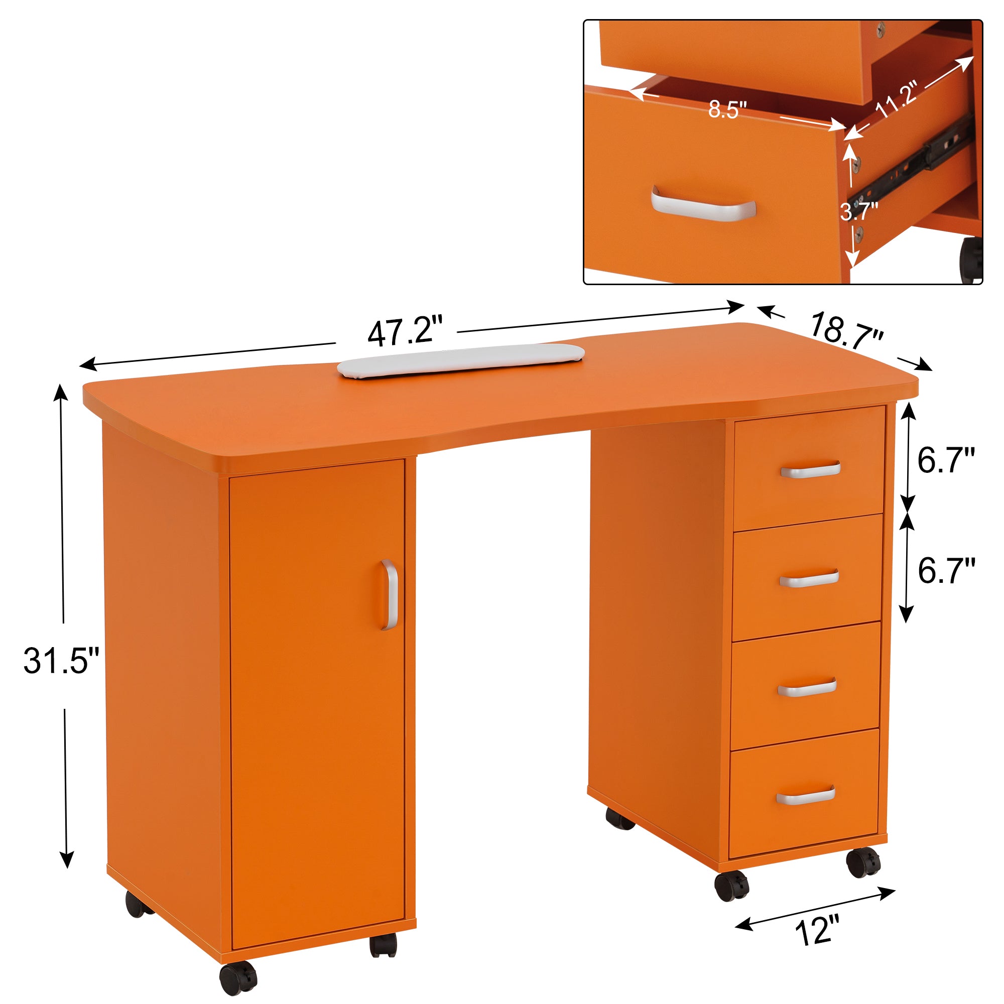 Manicure Acetone Resistant Table with Lockable Wheels, Nail Art Station for Storage 0611
